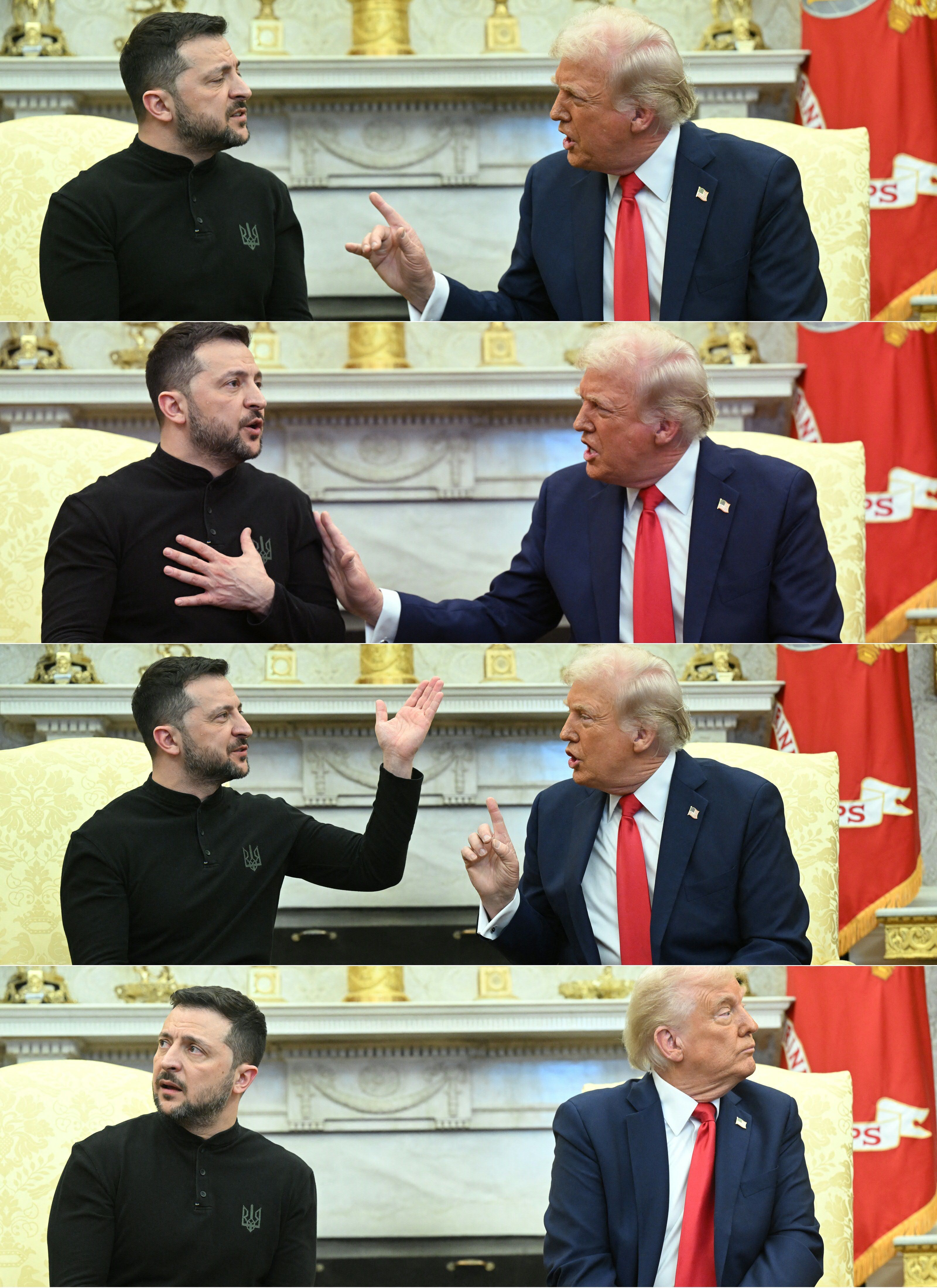 (COMBO) This combination of pictures created on February 28, 2025 shows US President Donald Trump and Ukraine's President Volodymyr Zelensky meet in the Oval Office of the White House in Washington, DC, February 28, 2025. US President Donald Trump erupted at Volodymyr Zelensky on February 28, 2025,