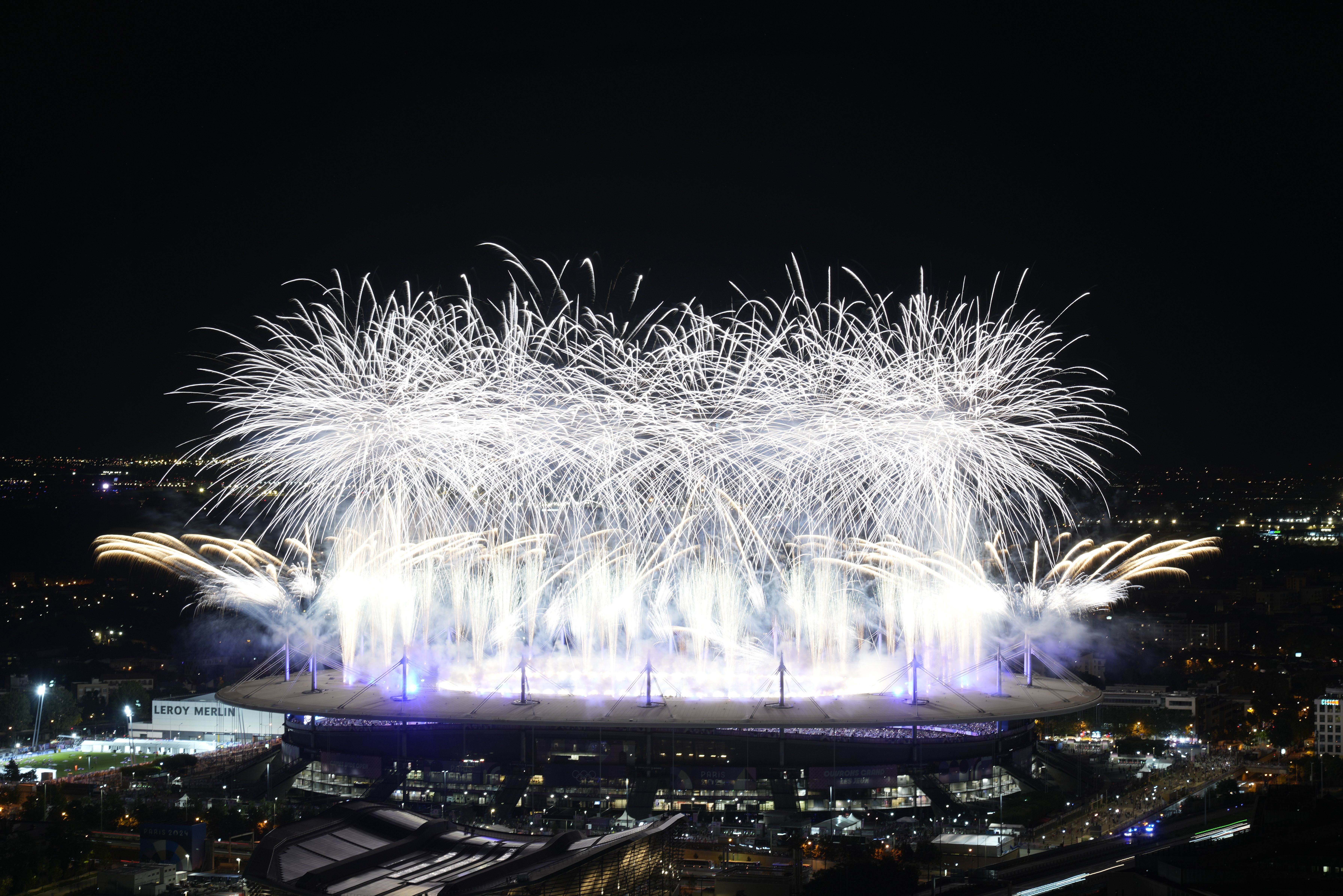 Fireworks signal the end of the closing ceremony at Stade de France.