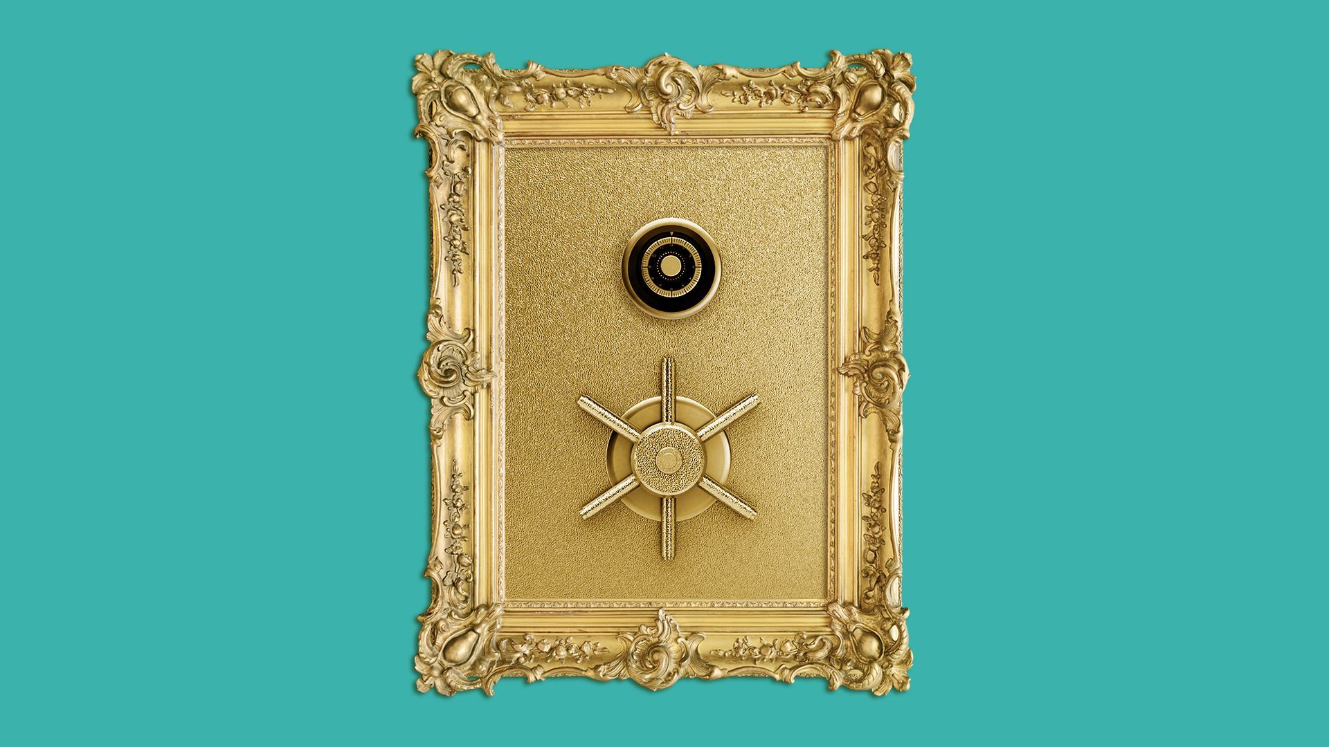 Illustration of an ornate frame around a gold safe