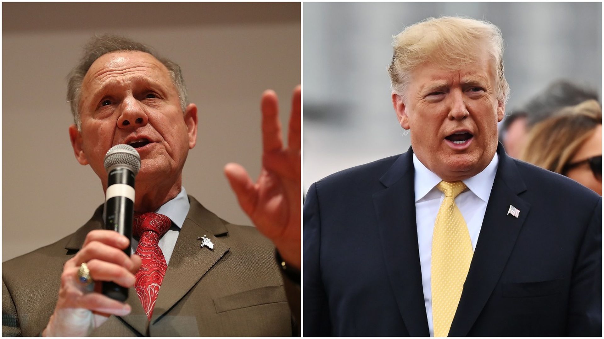 This image is a split screen of Moore and Trump.