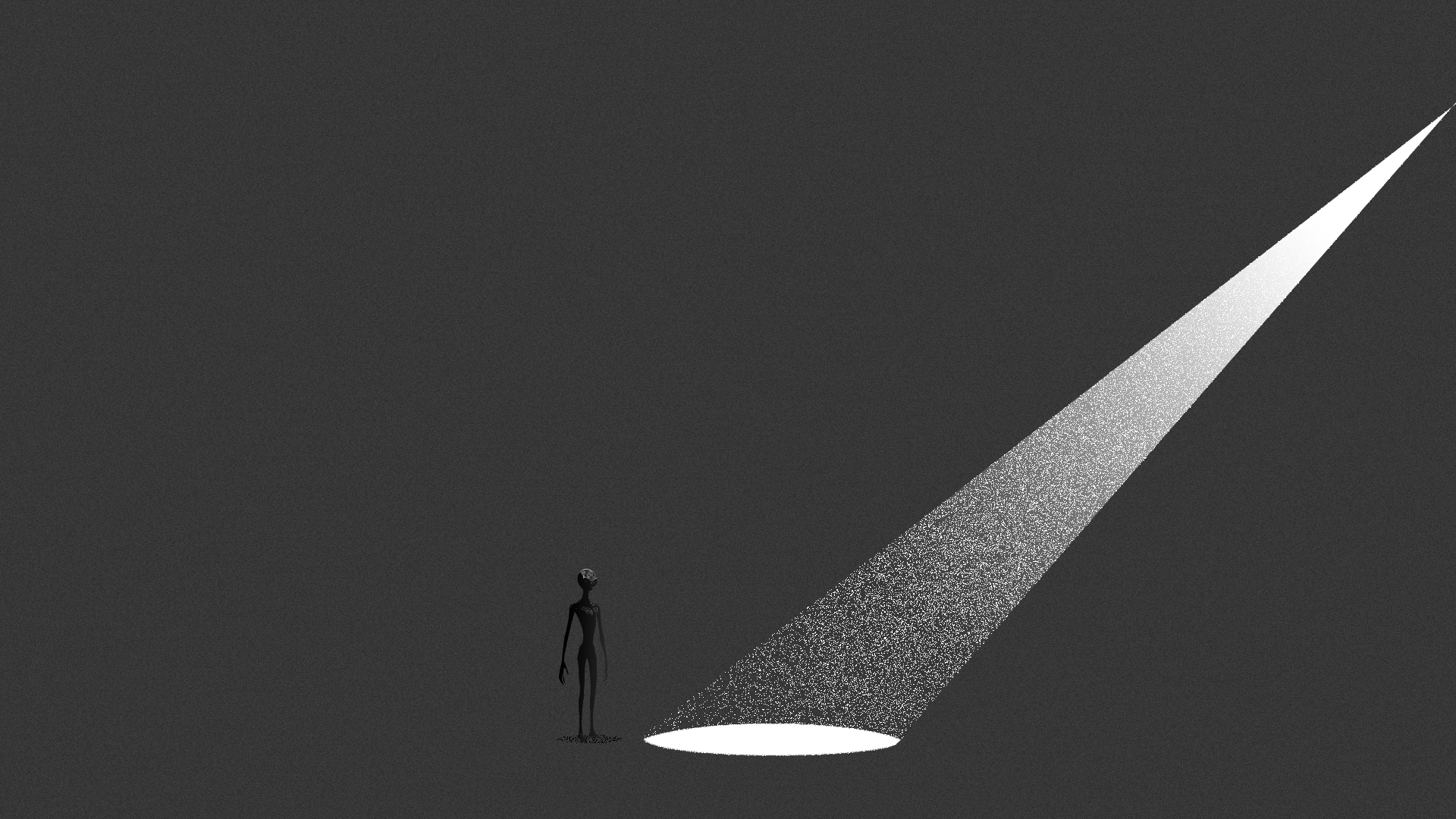 An alien stands just outside of a beam of light against a grey background