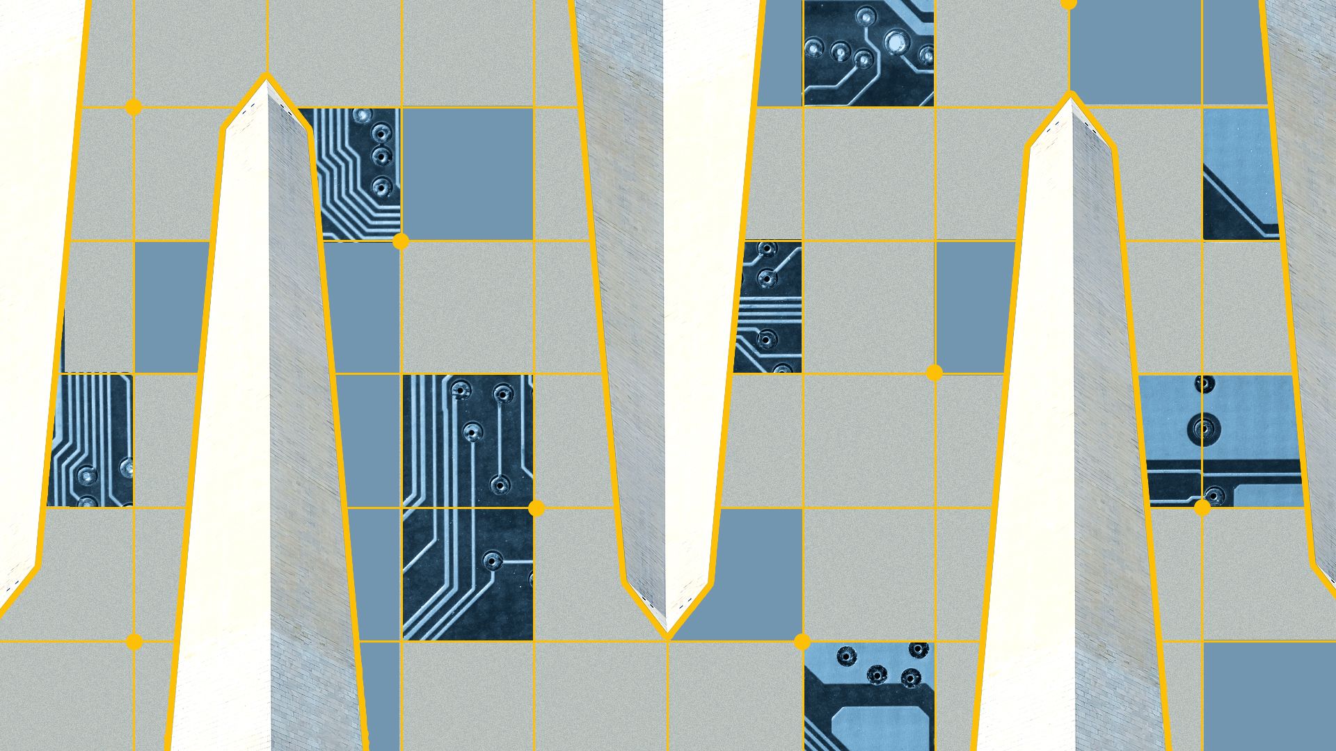 Illustrated collage of a repeating pattern made up of the Washington monument and abstract grids revealing pieces of a circuit board surrounded by abstract circles. 