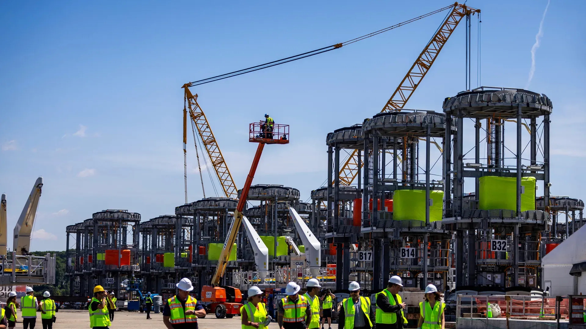 Wind turbine foundation components at the Revolution Wind construction hub in Providence in 2024.