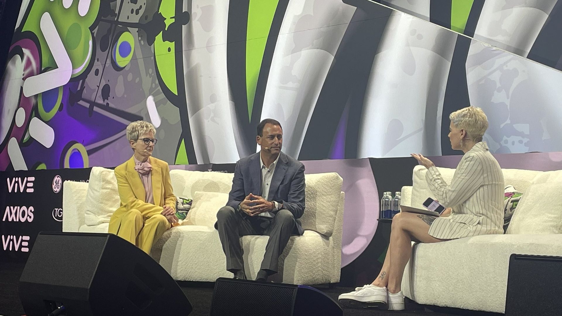 From left: GE Healthcare CEO Catherine Estrampes, Tampa General Hospital CEO John Couris and Axios reporter Erin Brodwin at a ViVE panel.