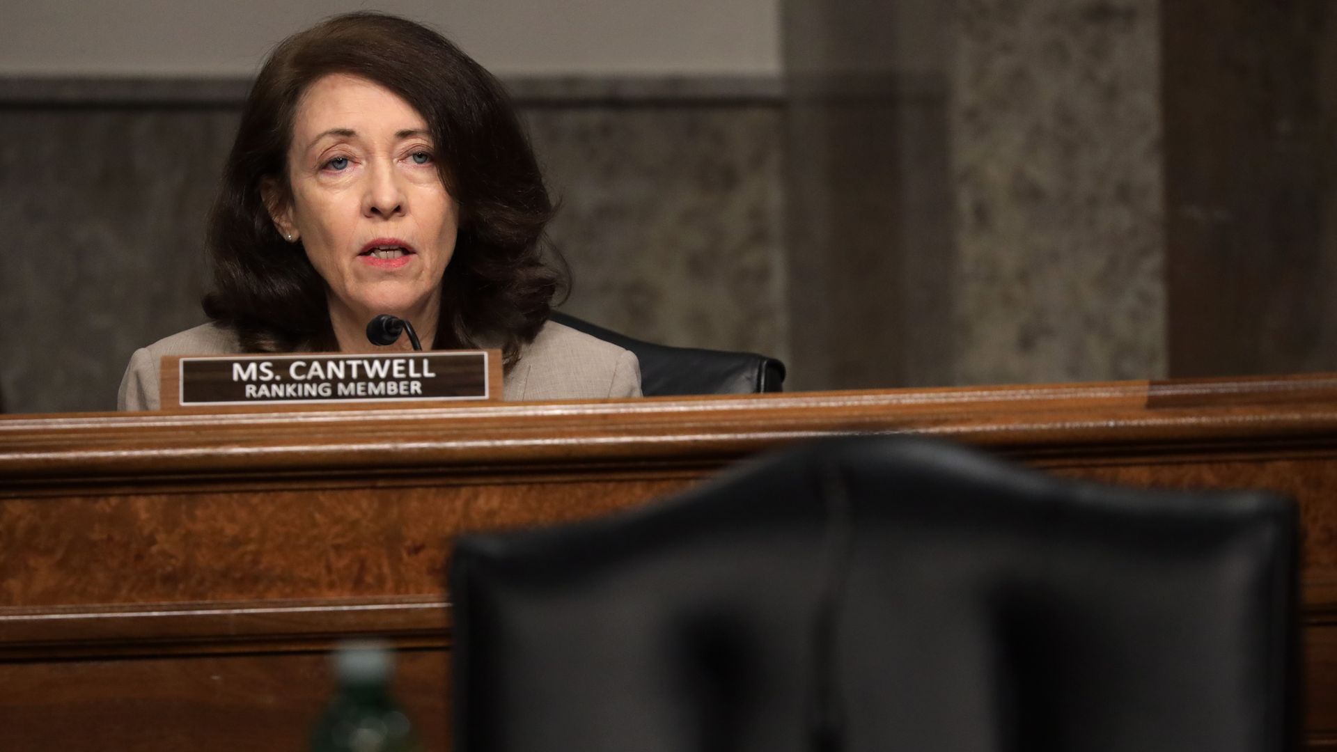 Sen. Maria Cantwell speaks from a dais during a hearing.