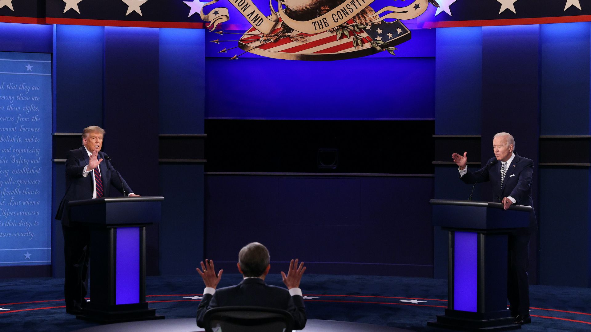 Photo showing President Trump and Joe Biden speaking at the same time at the first presidential debate