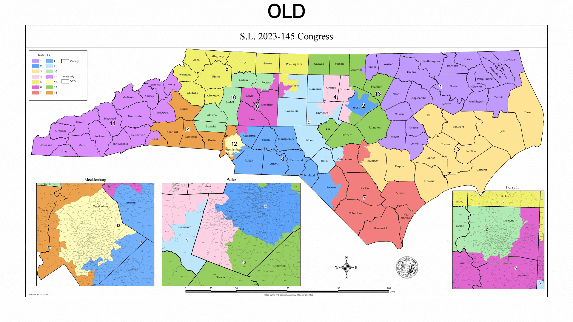 Color-coded map of North Carolina showing old congressional districts shift from 2023 to new, with 14 districts numbered and inset maps of Mecklenburg, Wake, and Forsyth counties.