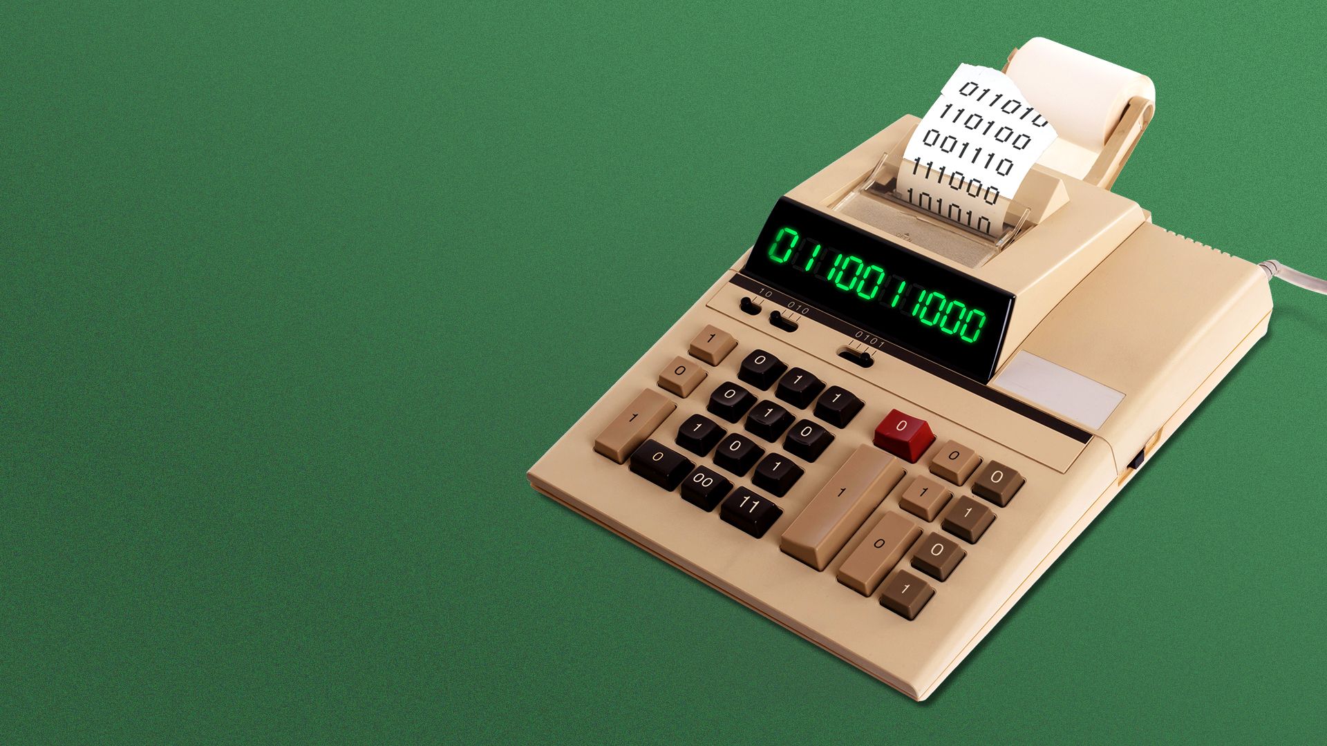 Illustration of an old printer calculator, with all of the numbers on the keys, screen and tape replaced by ones and zeroes.