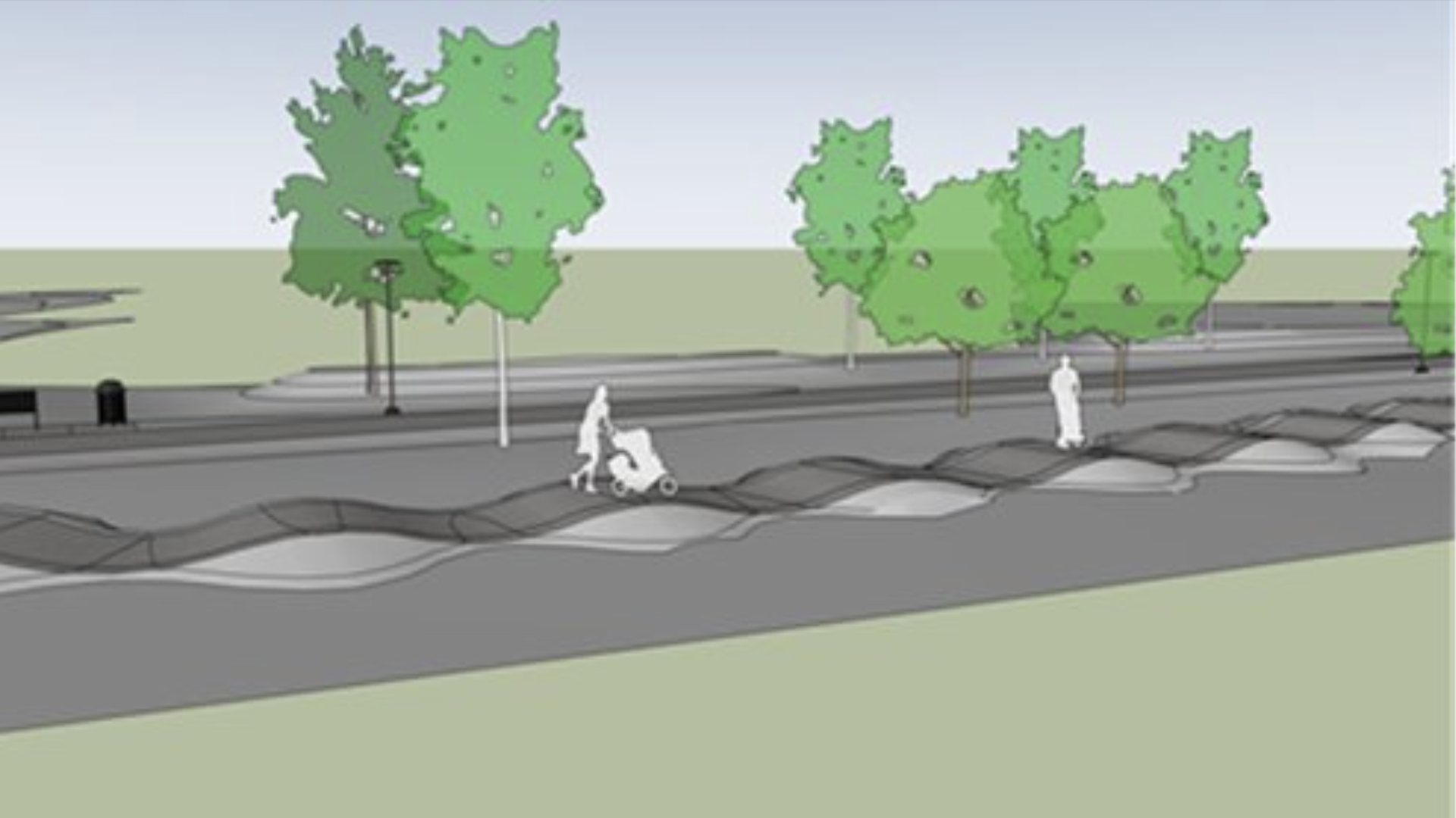 Illustration of a gray sidewalk with a wavy design, green trees along the edge, a person pushing a stroller and another walking on the sidewalk under a clear sky.