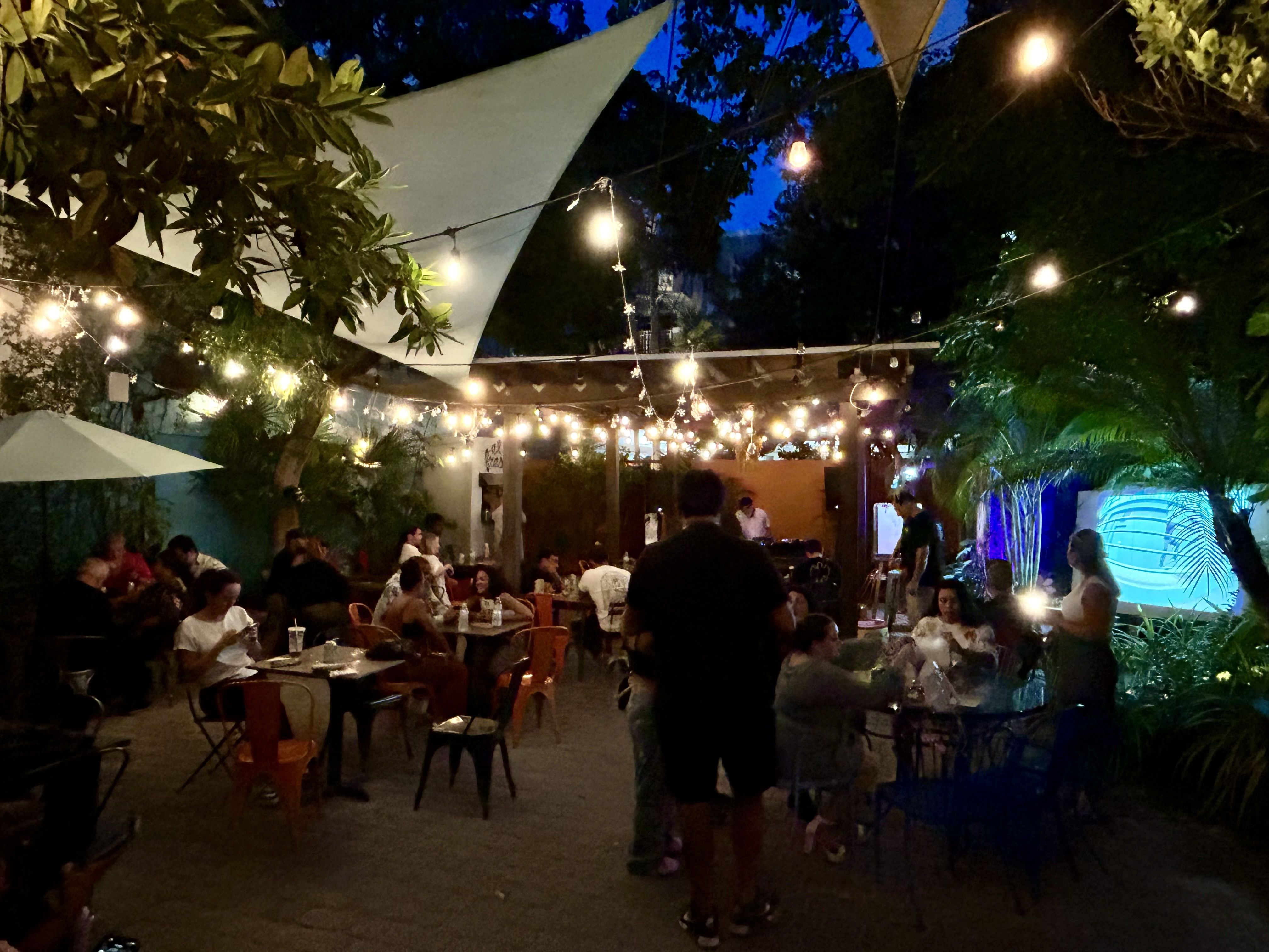 A patio full of people.