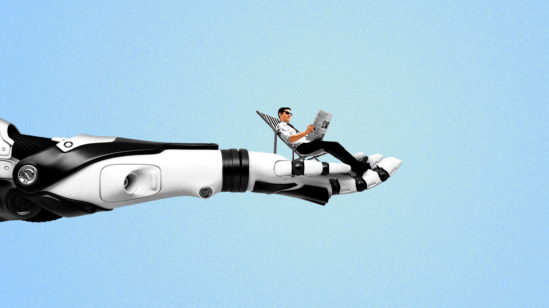 Illustration of a large robot arm holding a man lounging in a deck chair.