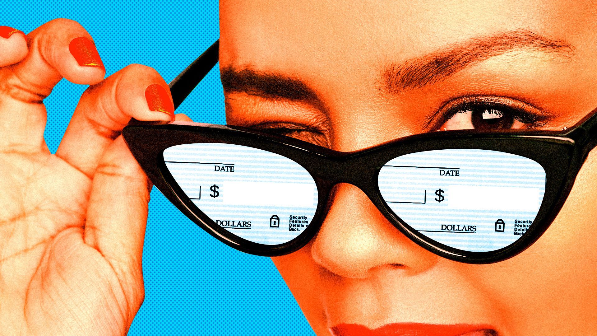 Illustration of a woman looking over a pair of sunglasses with a blank check in the reflection. 