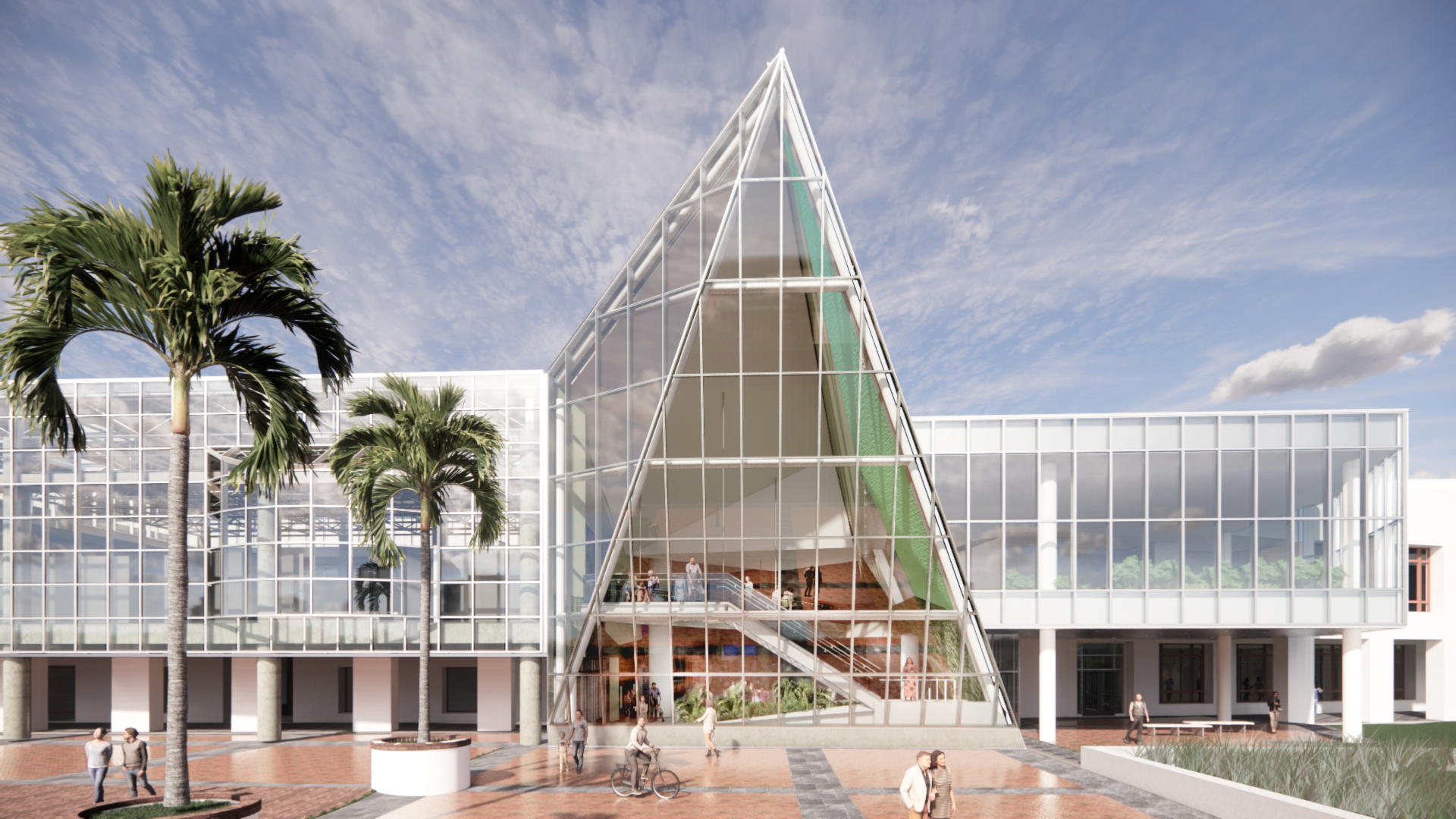 The rendering shows a glass facade of the new lobby to the Audubon Aquarium and Audubon Insectarium. It has a point that juts out above the two-story building. In front of the building are palm trees and a paved walking area.