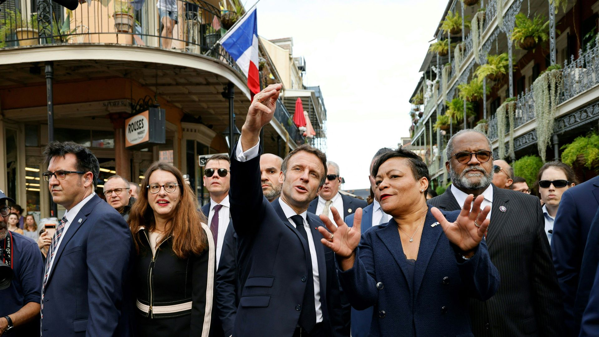 Photo shows French president Emmanuel Macron and New Orleans mayor LaToya Cantrell