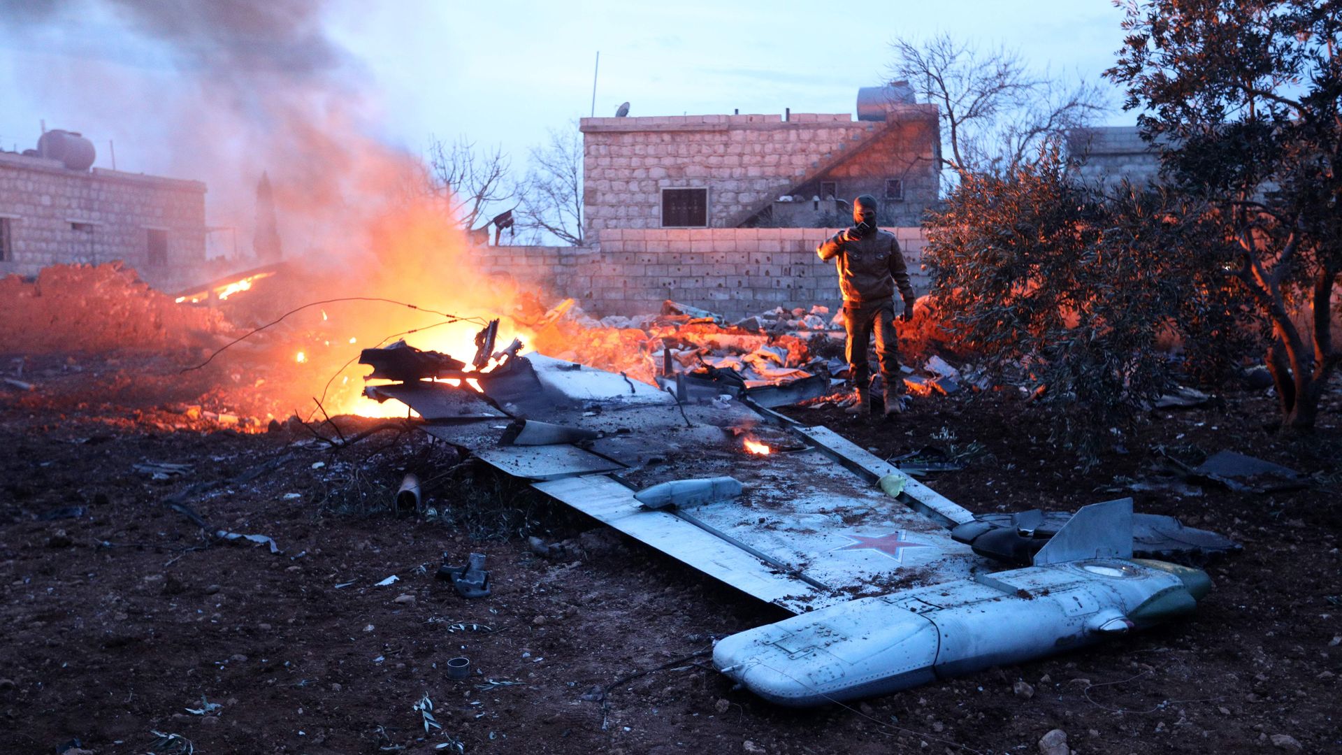 wreckage of Russian warplane after it was shot down