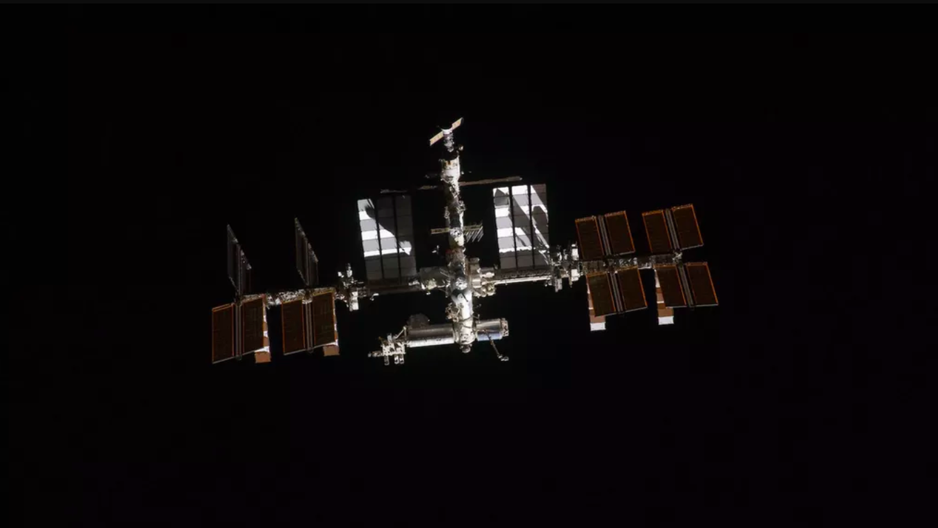 This image shows the International Space Station surrounded by space.