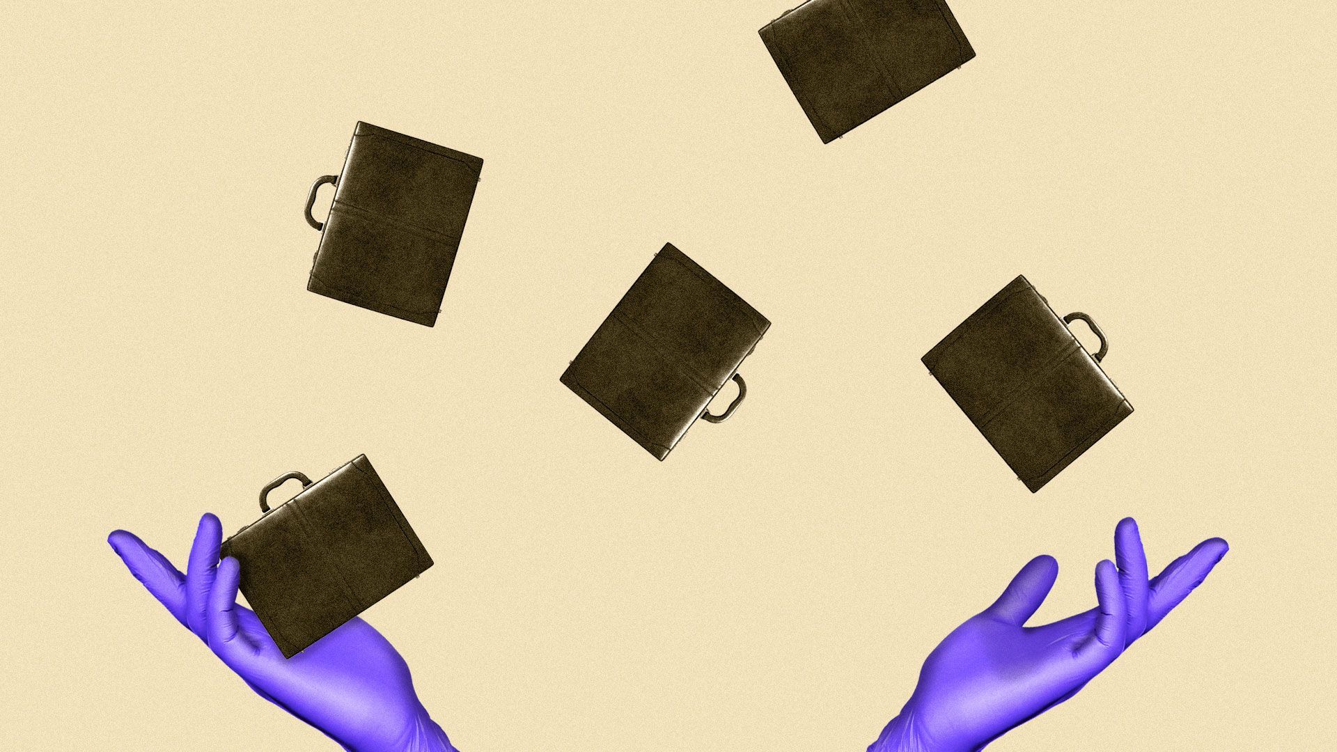 Illustration of gloved hands juggling multiple briefcases