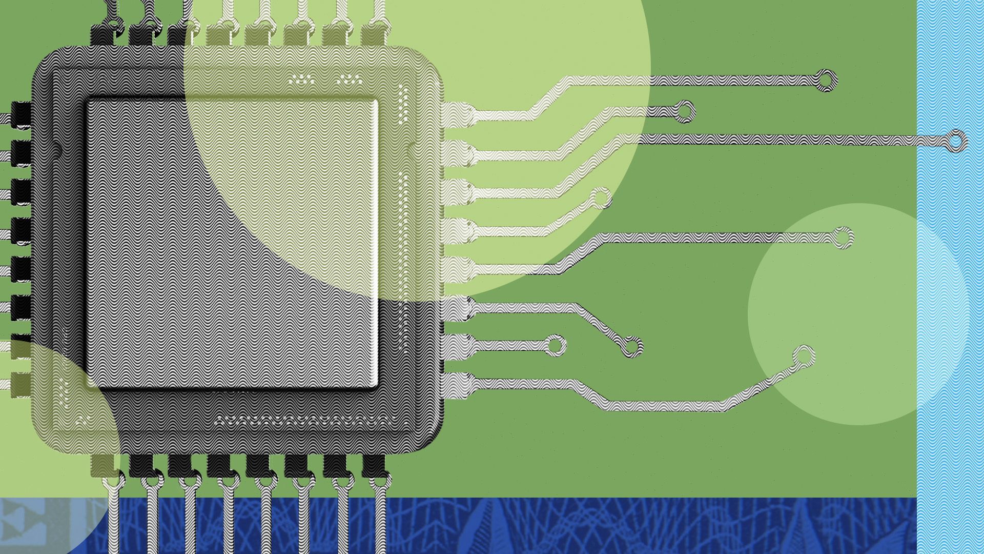 a computer circuit board surrounded by circles and cutouts of money 