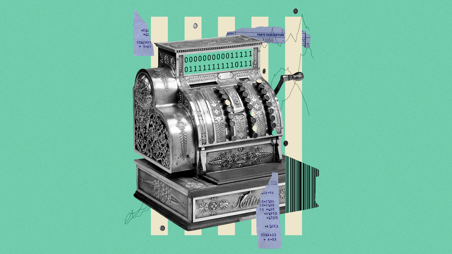Animated illustrated collage of a cash register with binary code flickering across the price window surrounded by torn receipts, floating circles and trend lines.
