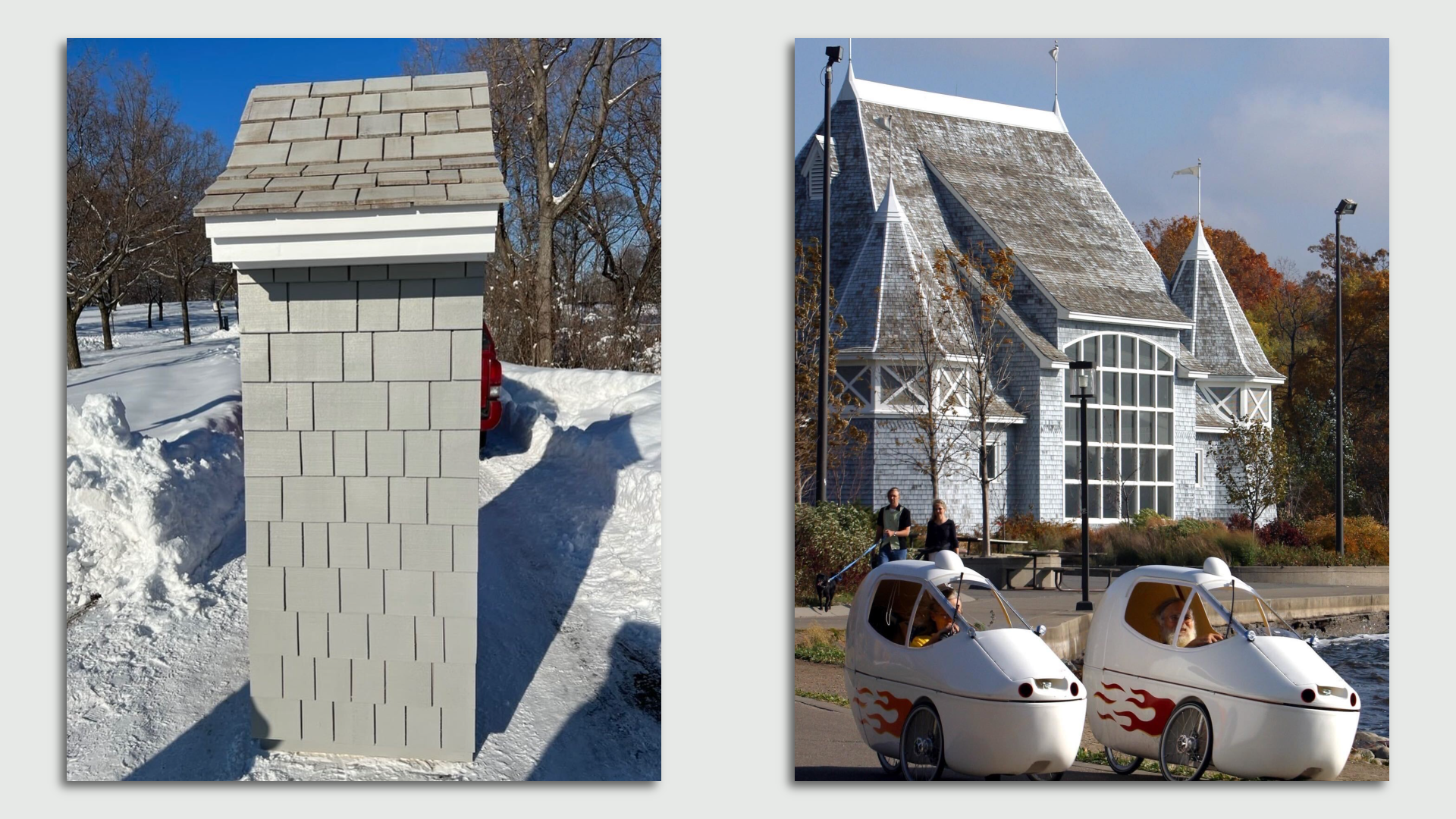 A wall with gray-blue tiles and the exterior of a blue-painted Lake Harriet Bandshell.