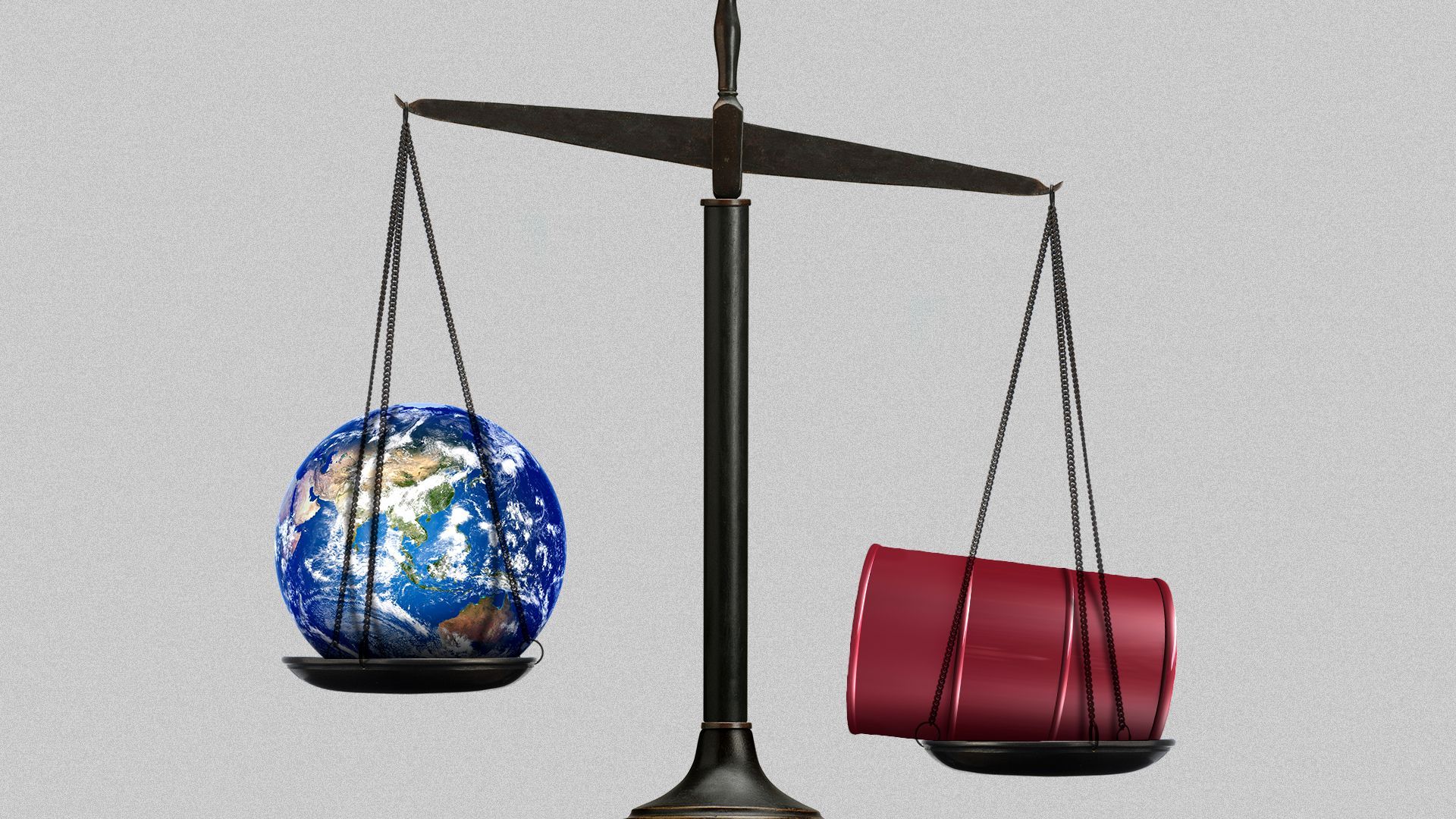 Illustration of a justice scale weighing the earth and a barrel of oil