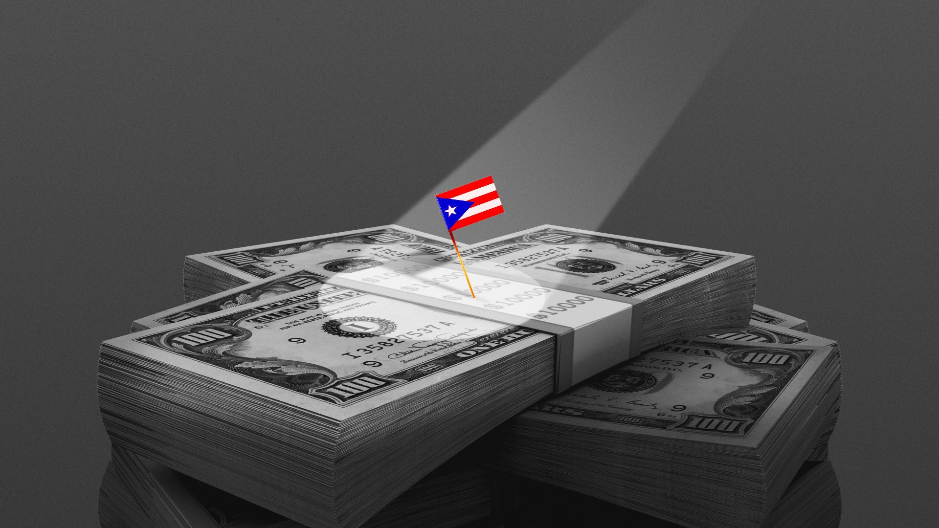 Illustration of a spotlight on a tiny Puerto Rican flag on top of a stack of money.