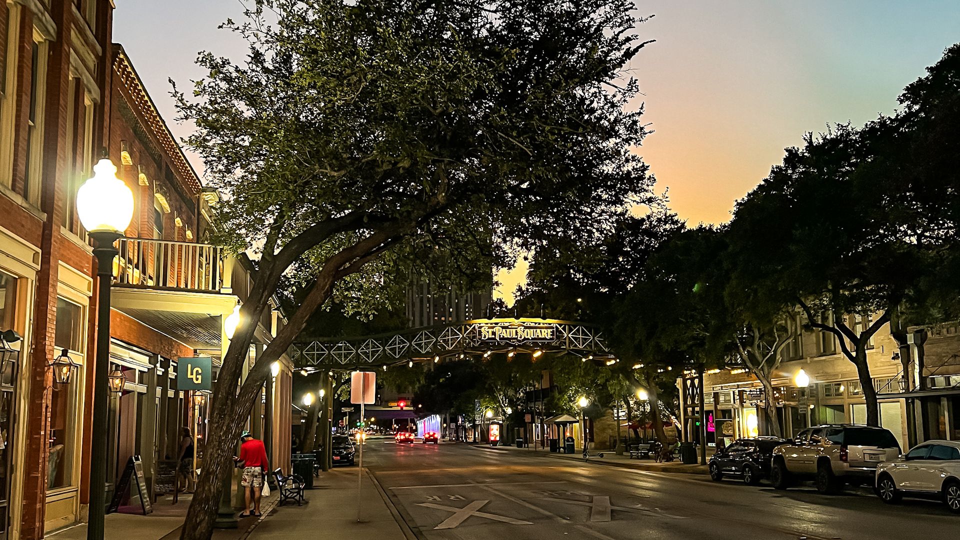A tree-lined street at dusk.