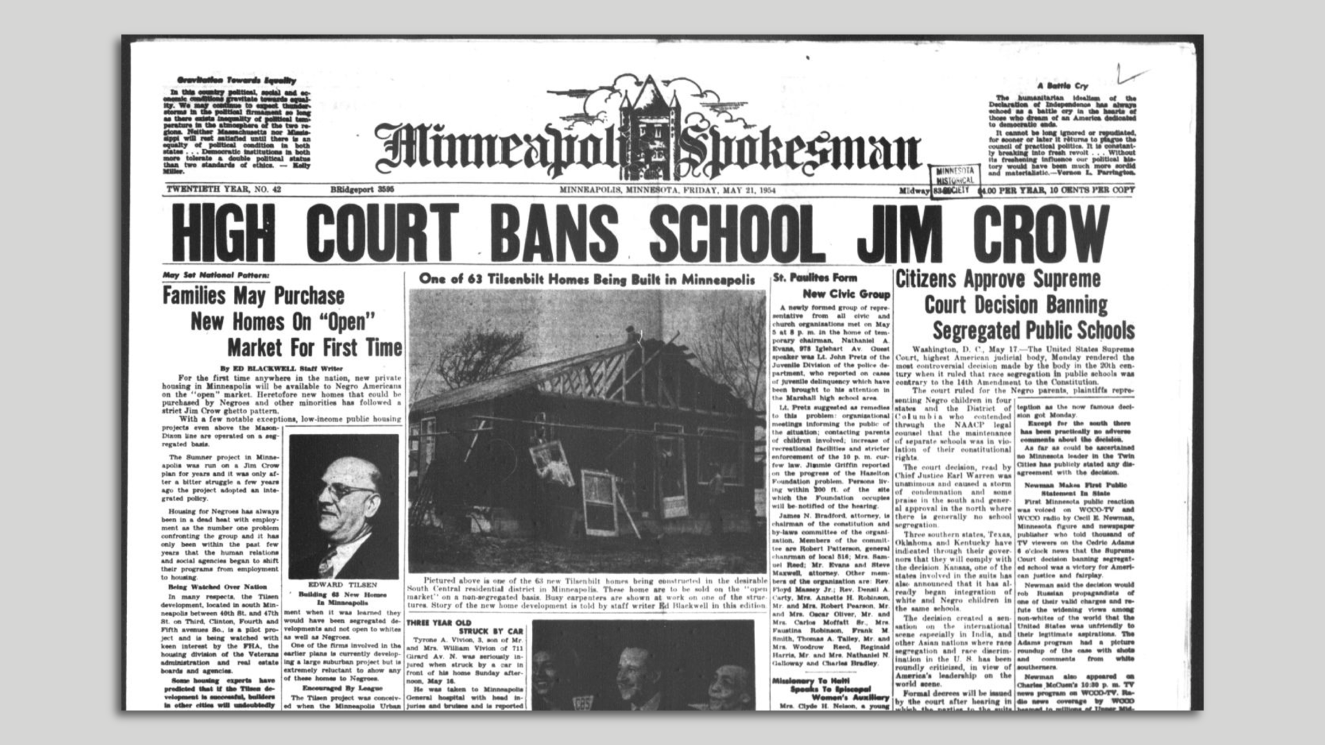 A black-and-white copy of an archived newspaper front page with the logo "Minneapolis Spokesman" on the front and the banner headline "HIGH COURT BANS SCHOOL JIM CROW."