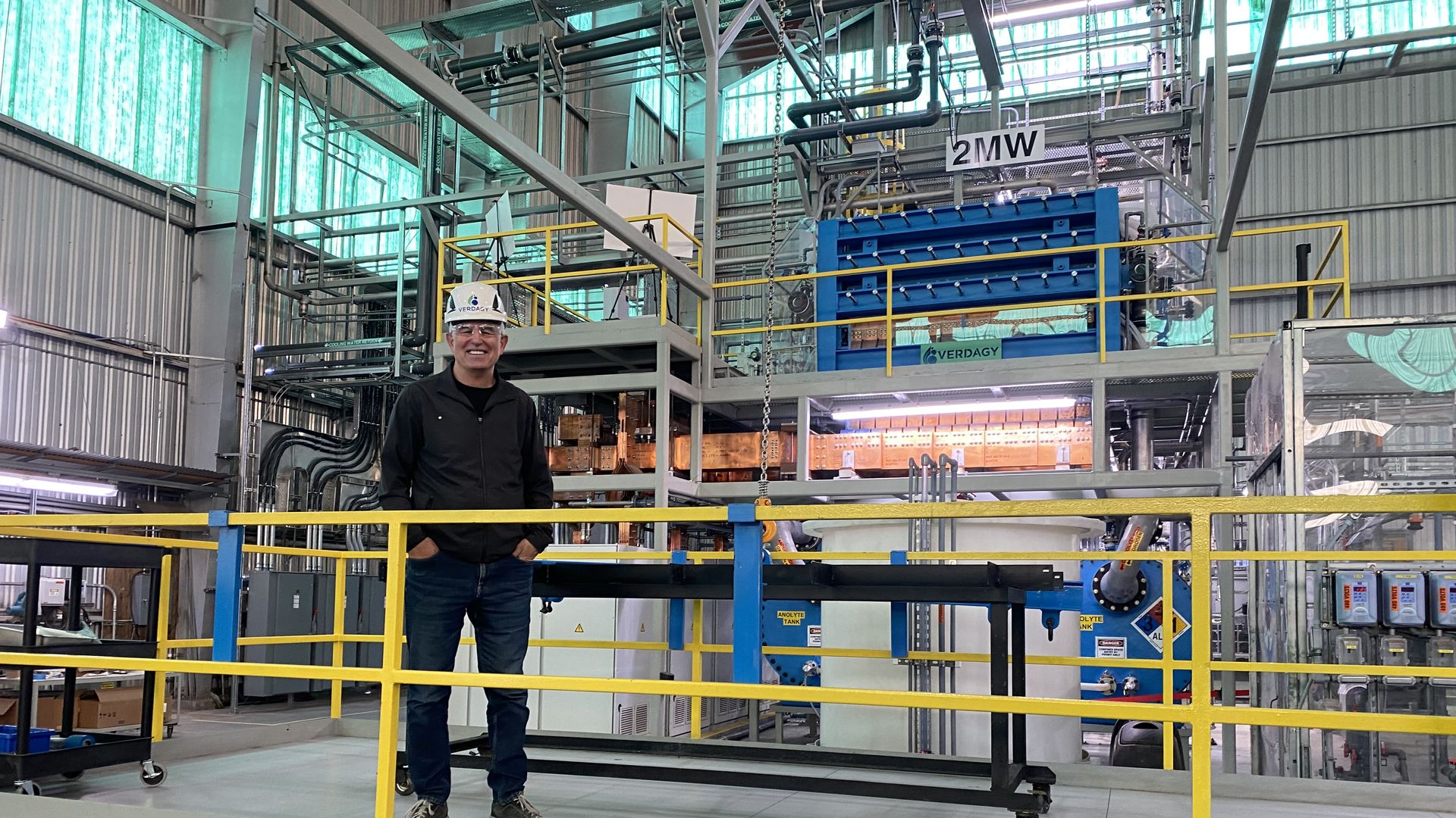 Verdagy's CEO Marty Neese standing in front of the company's 2MW hydrogen plant in Moss Landing, Calif.
