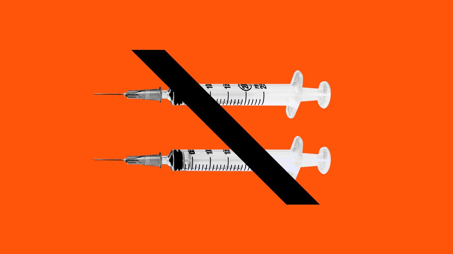 Illustration of two syringes as an equals sign, with a line through them.  