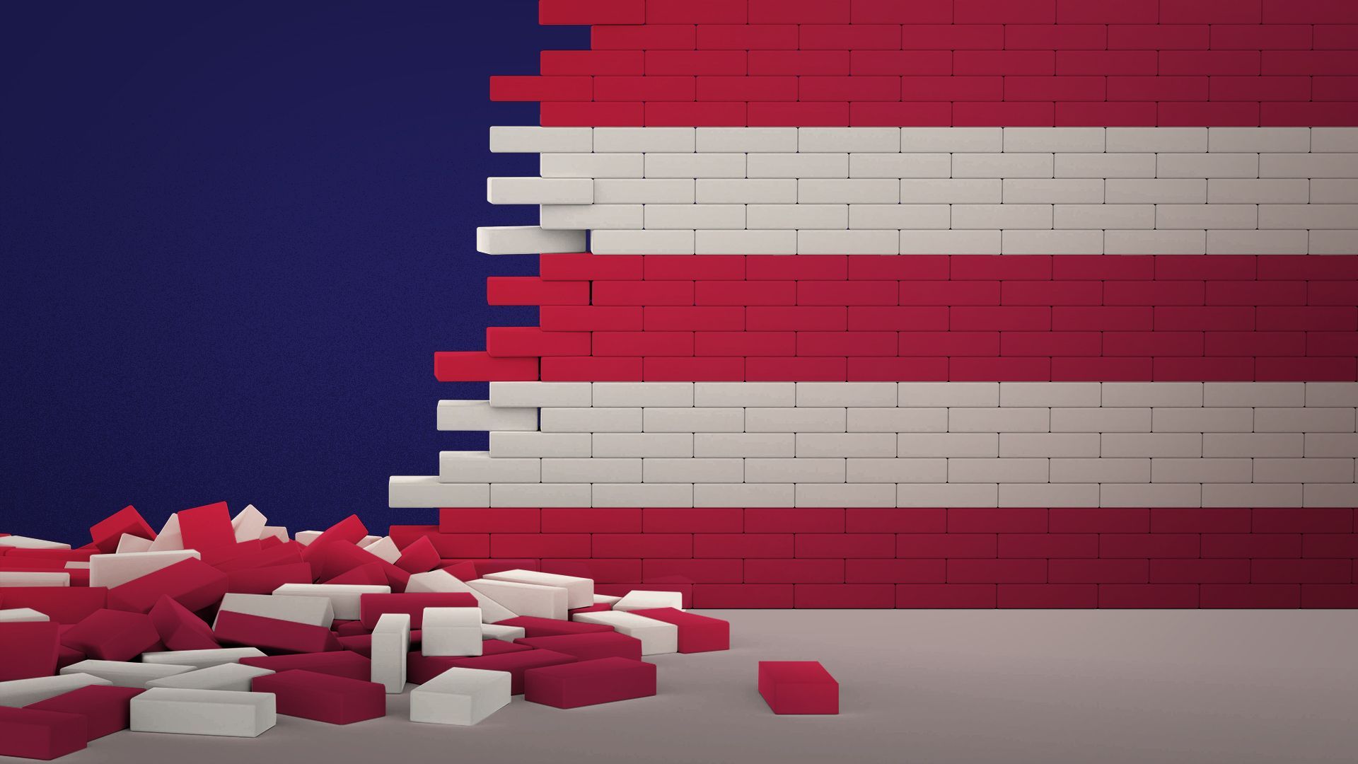 Illustration of a brick wall with red and white stripes, falling apart.