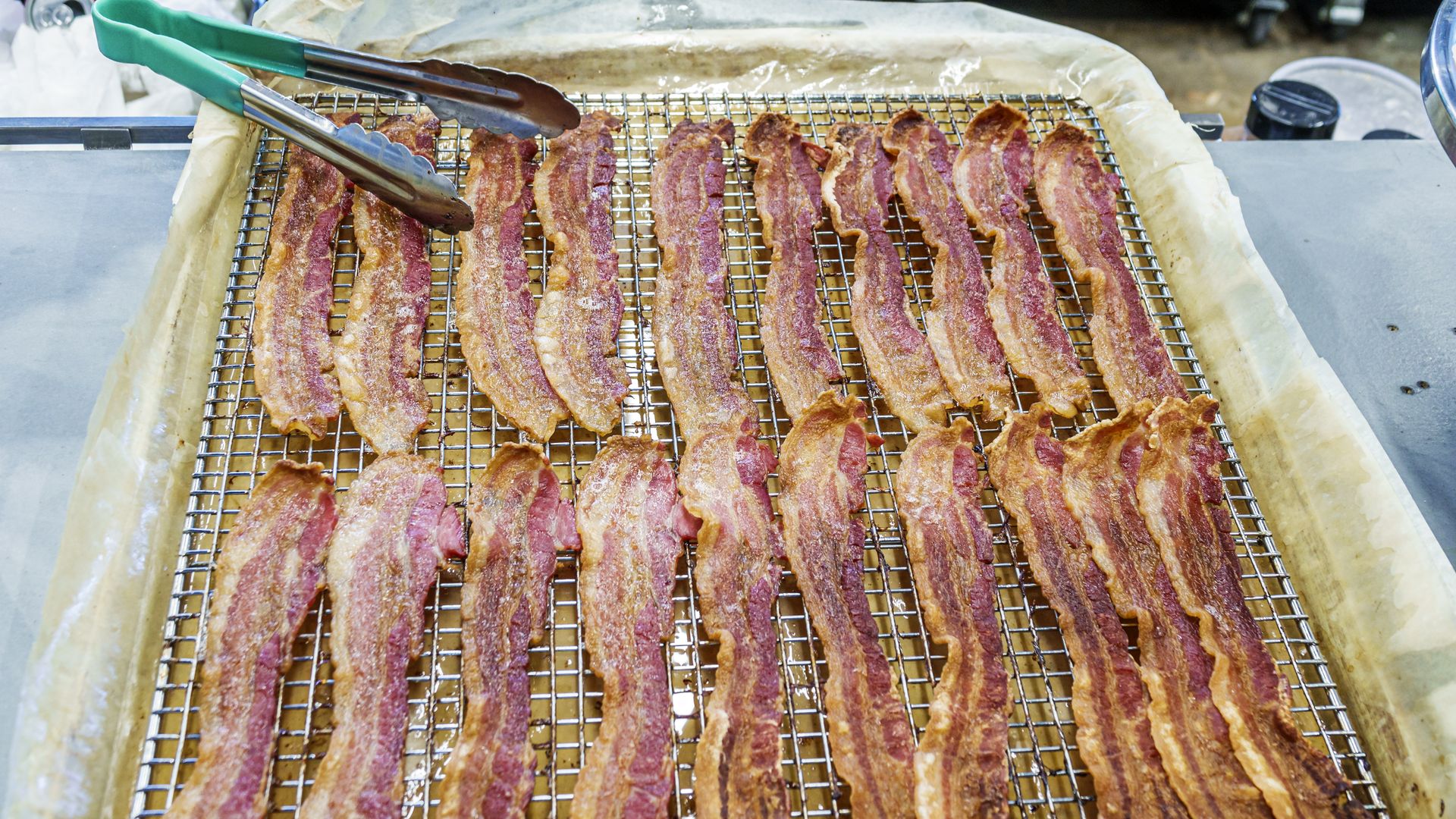 A pan of cooked bacon