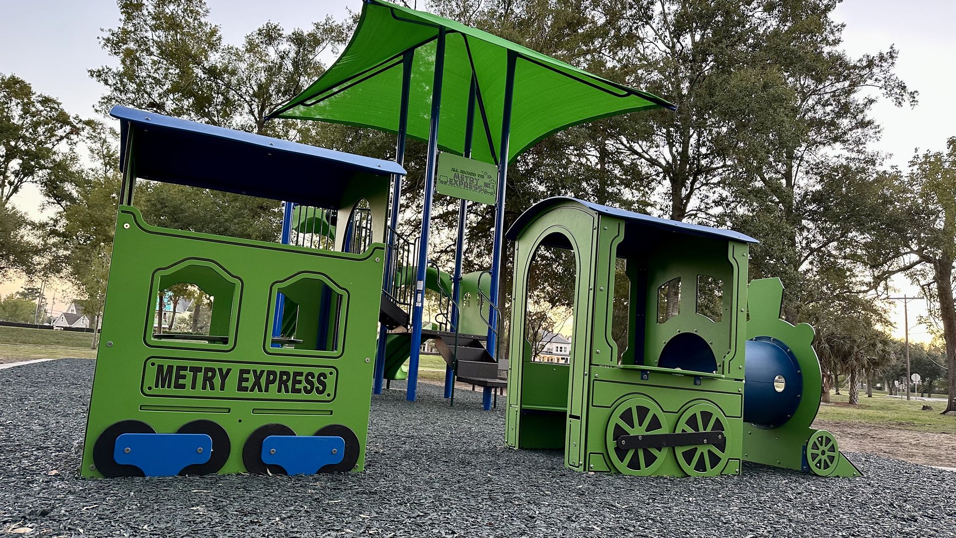 Photo shows a train-themed playground in Old Metairie.