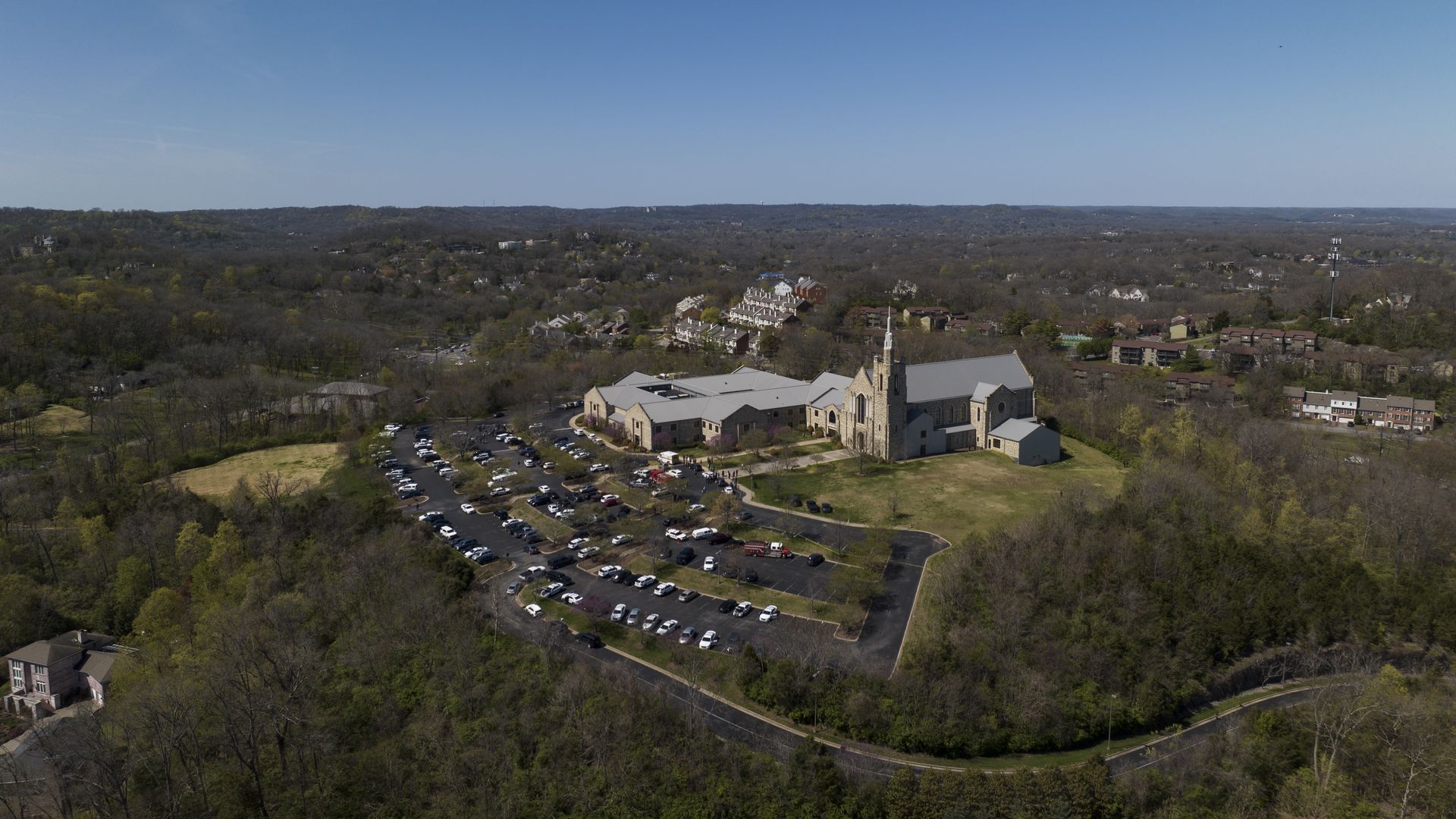 An aerial photo of the covenant school campus.