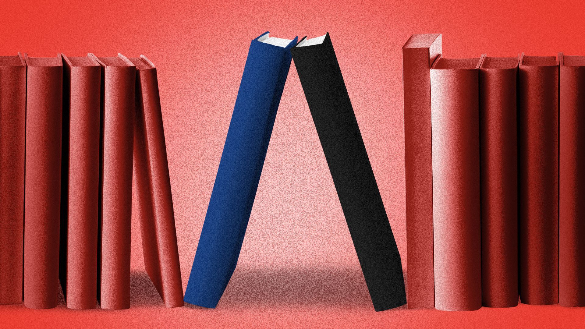 Illustration of two books forming the Axios logo in between other books.
