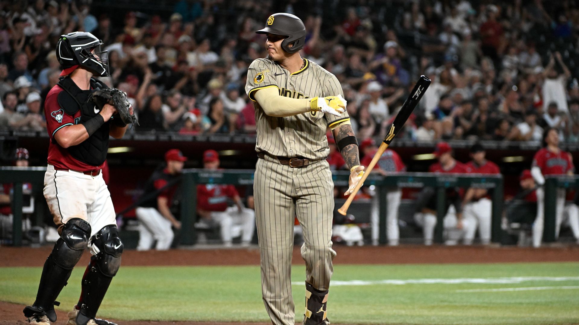 Manny Machado flipping a bat against the Arizona Diamondbacks