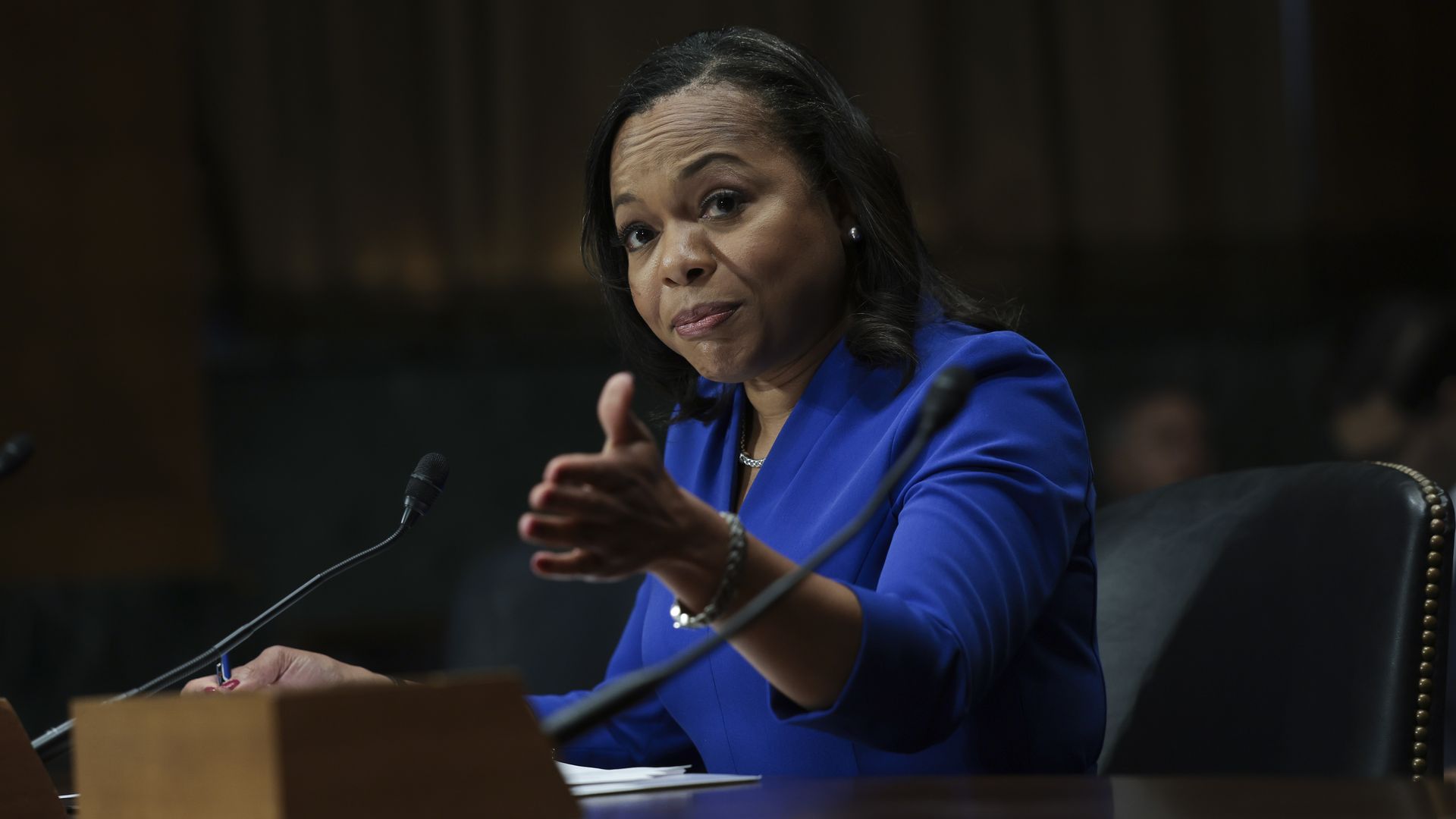 Assistant Attorney General Kristen Clarke testifies before the Senate Judiciary Committee at the Dirksen Senate Office Building in Washington, DC.