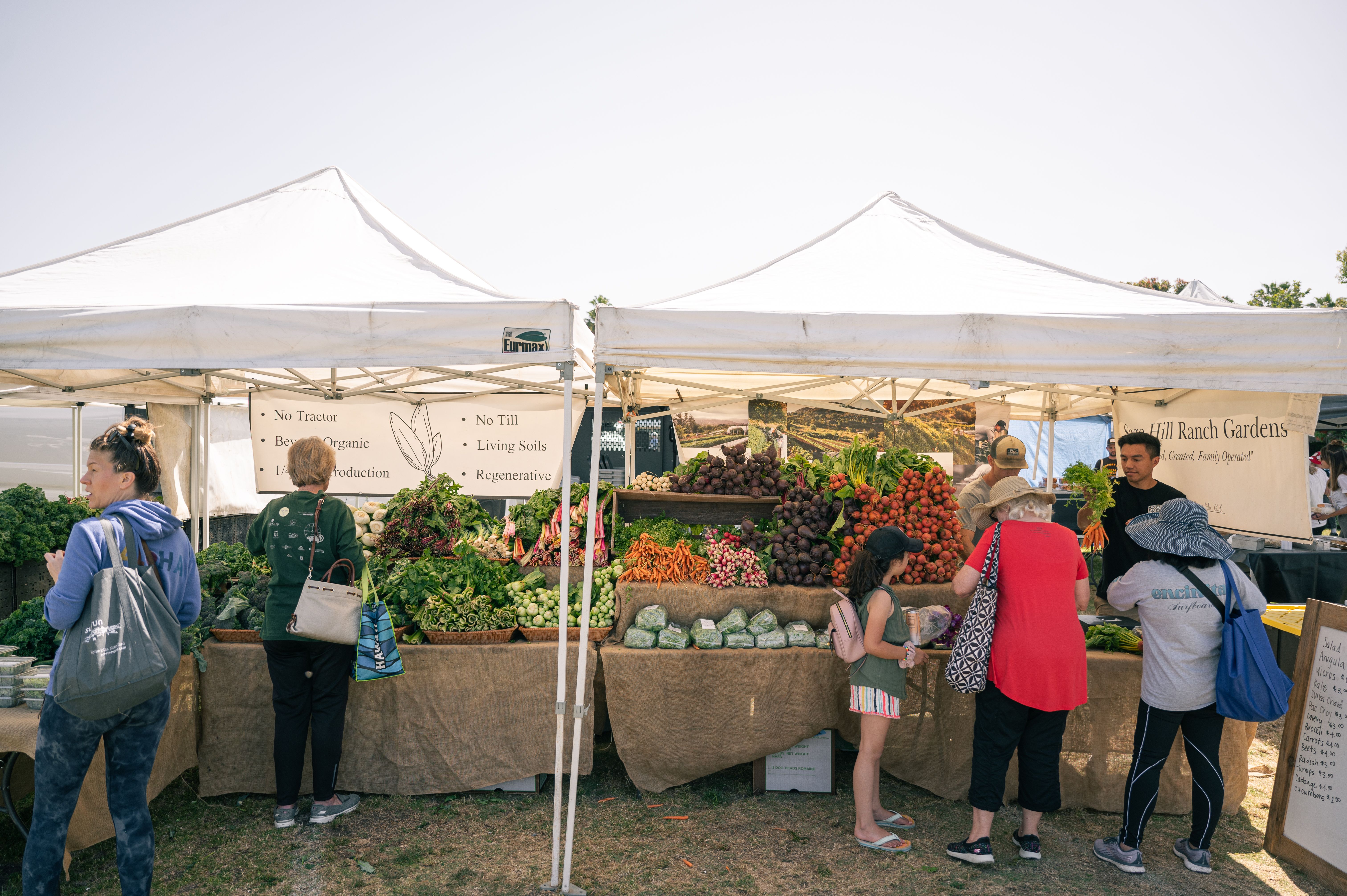 Shoppers browse fresh, local produce at a farmers market stand. 
