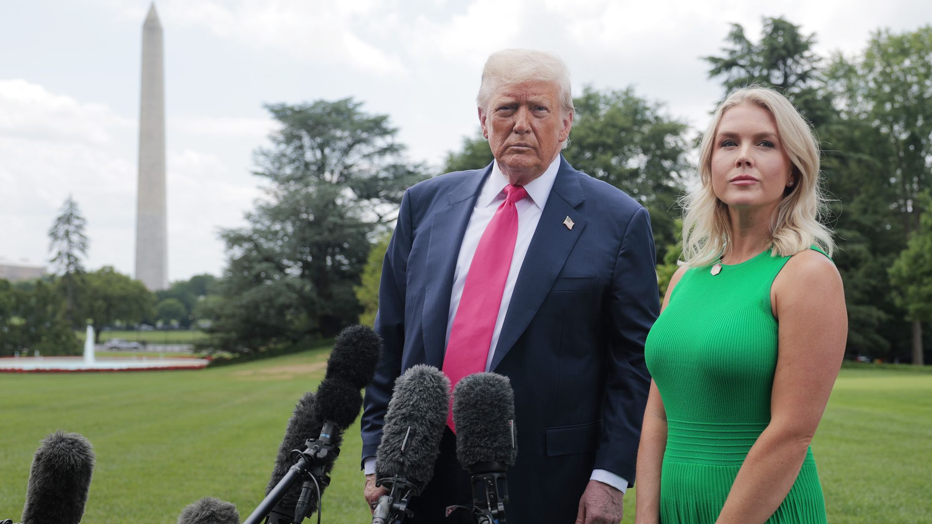 President Trump, joined by White House Press Secretary Karoline Leavitt, speaks to the media as he departs the White House on July 15, 2025 in Washington, DC. Trump is traveling to Pittsburgh, Pennsylvania, to speak at an artificial intelligence and energy summit. Photo: by Anna Moneymaker