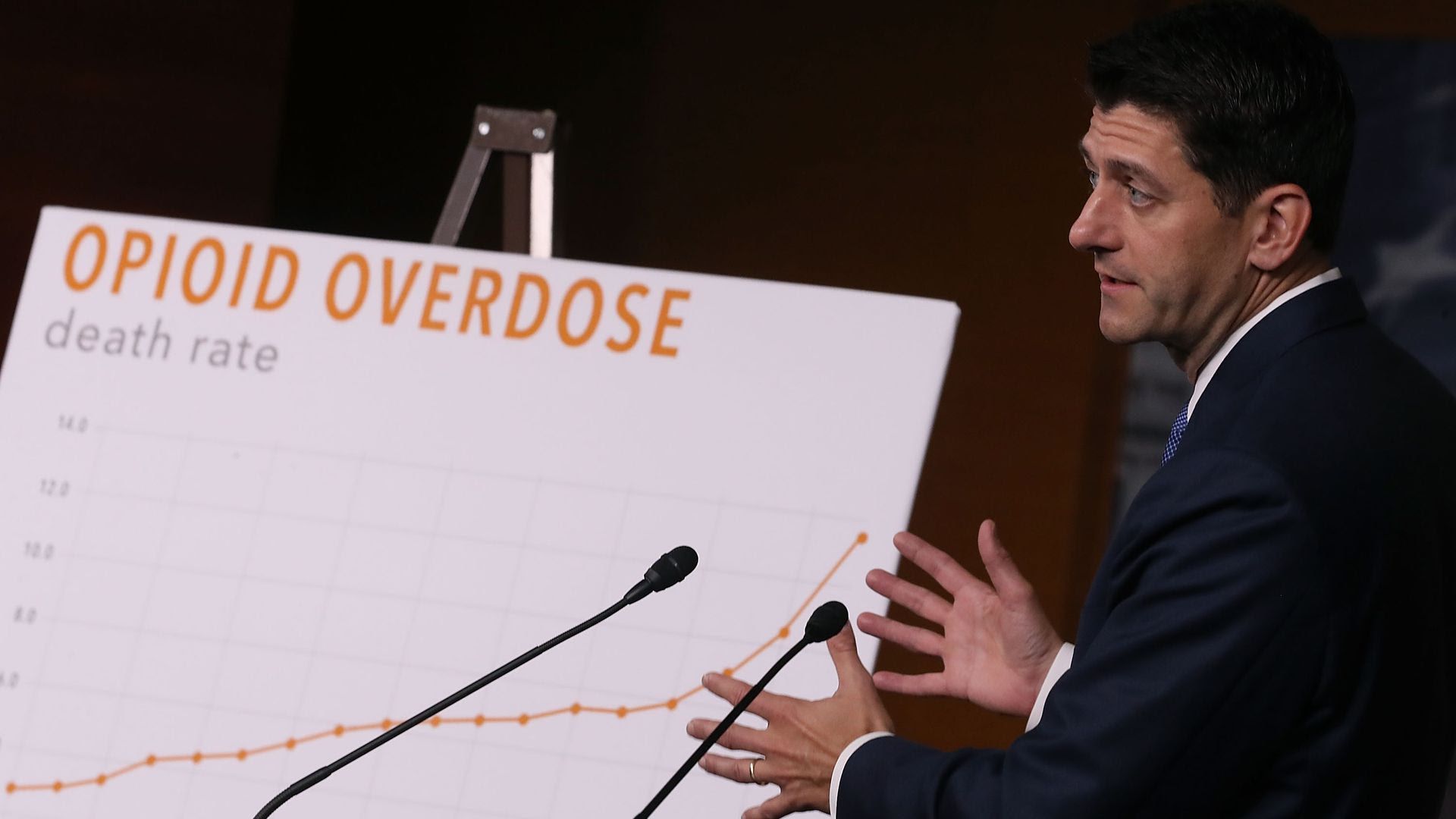 Paul Ryan gesturing to a board that says "opioid overdoses"
