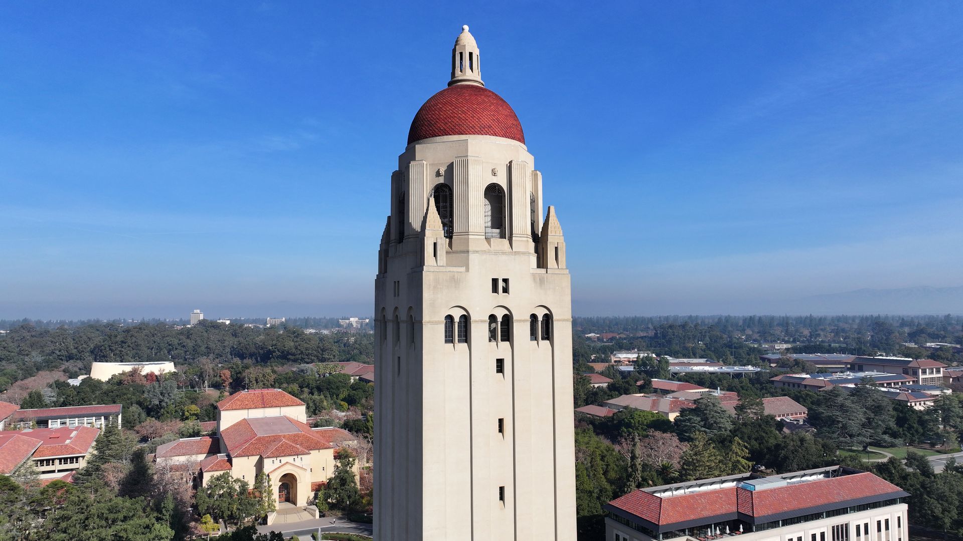 STANFORD, CALIFORNIA - DECEMBER 11: A general overall aerial view of Hoover Tower on the Stanford University campus on December 11, 2024 in Stanford, California. (Photo by Kirby Lee/Getty Images)