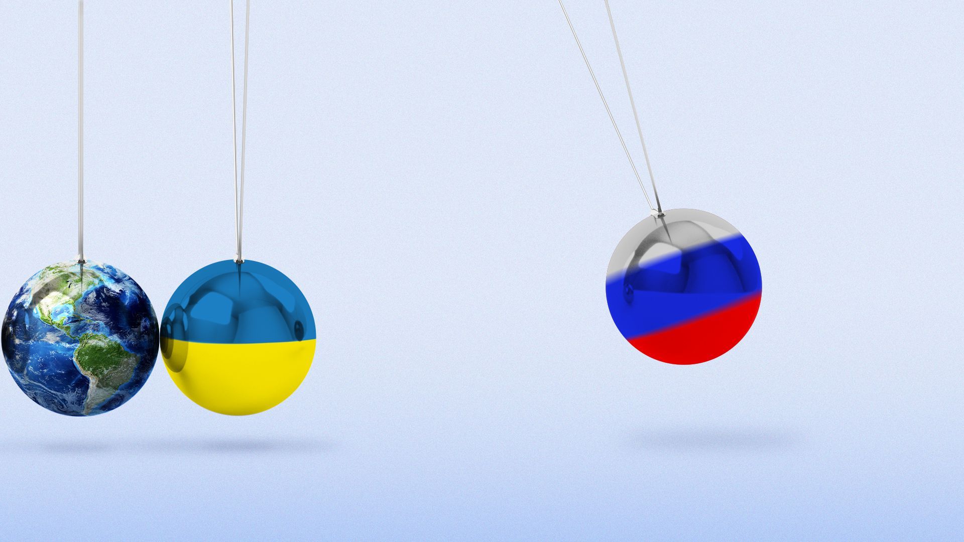 Illustration of a Newton's cradle whose middle ball looks like the Ukrainian flag and it's sandwiched between the active ball, with a Russian flag, and another still ball that looks like the earth.