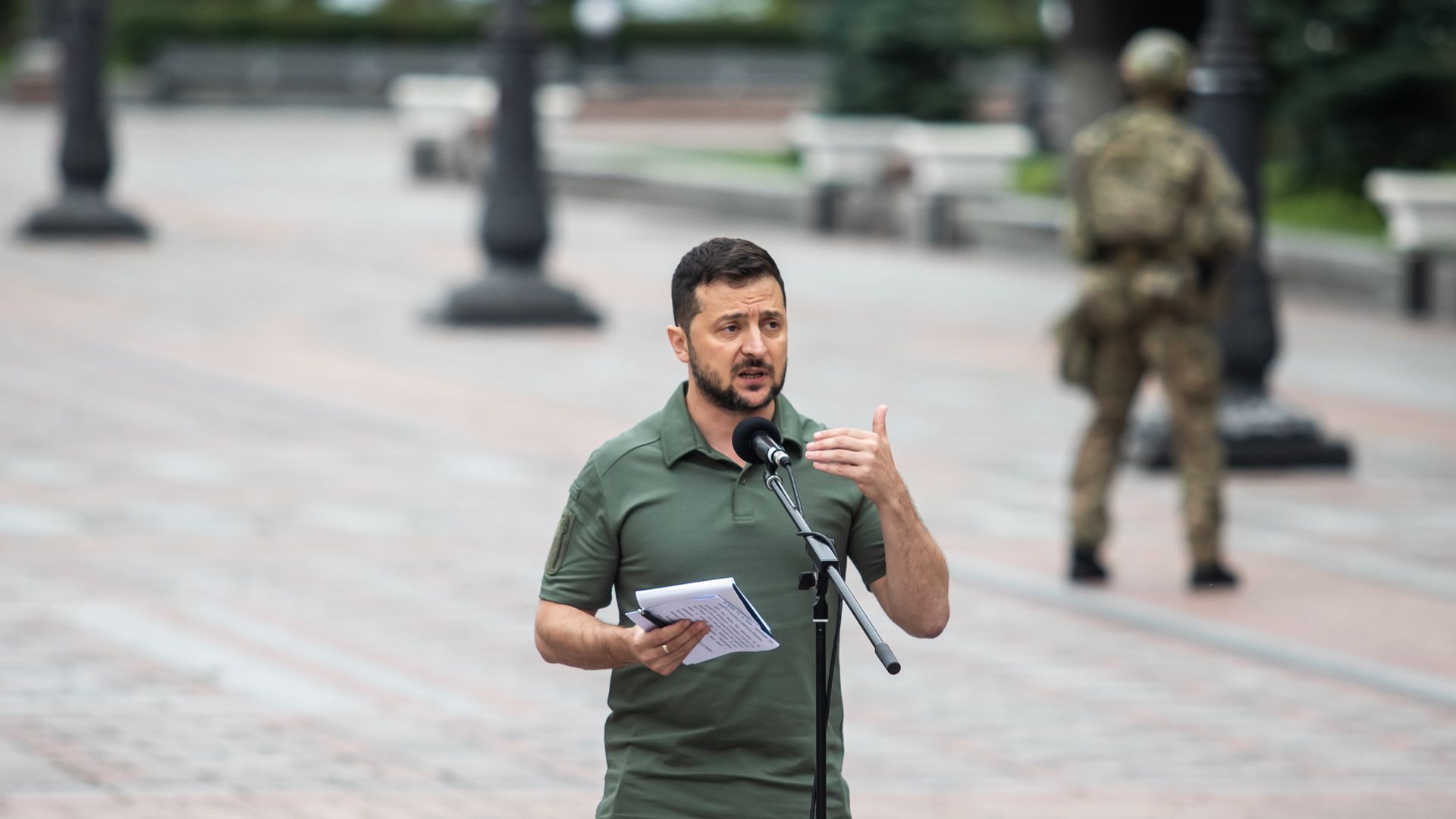 Ukrainian President Volodymyr Zelensky speaks to journalists during a joint press conference on September 15, 2022 in Kyiv, Ukraine.