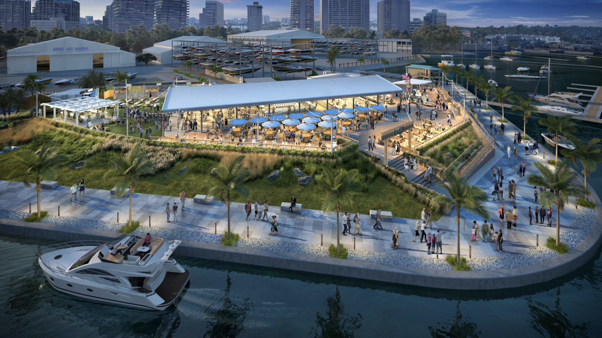 A rendering shows a boat docked beside a lit-up entertainment complex. 