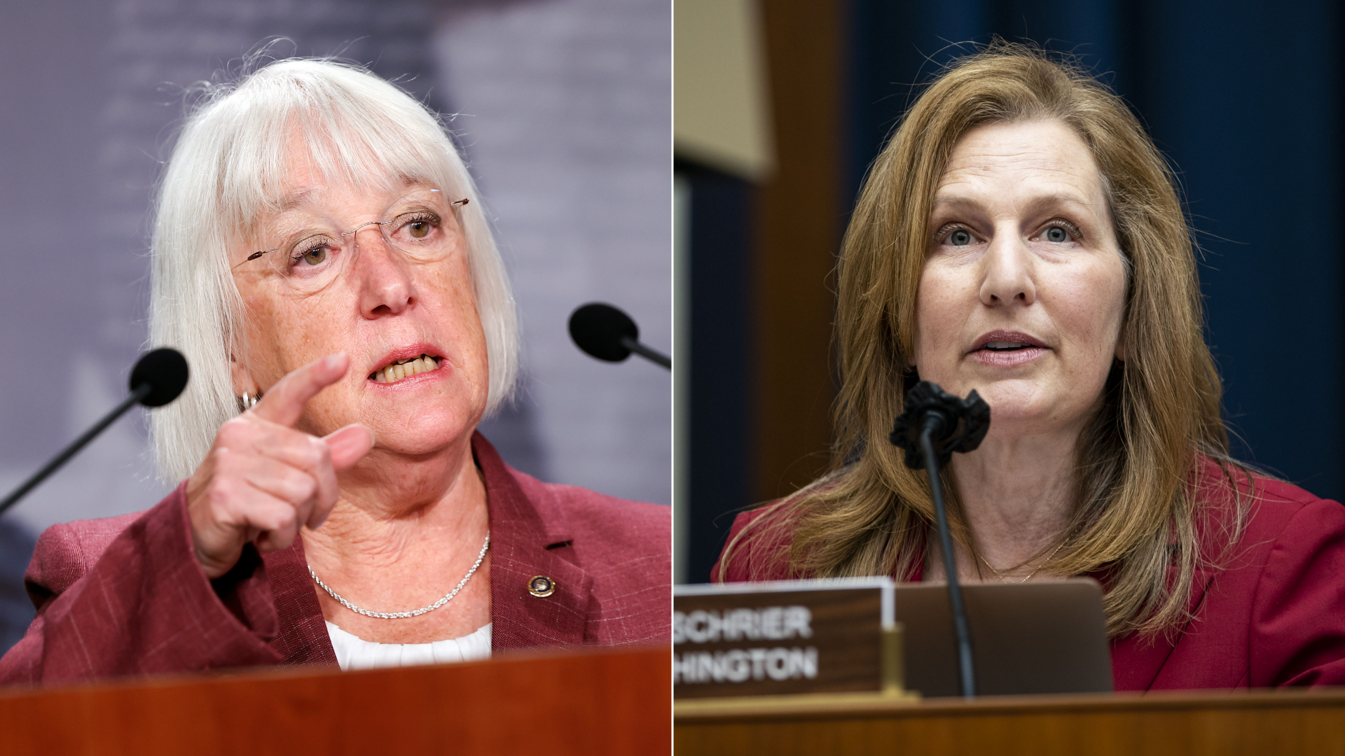 A splitscreen of Patty Murray in a maroon suit jacket behind a podium, pointing while speaking at left, and Kim Schrier seated in a congressional panel speaking into a microphone, also wearing maroon, at right. 