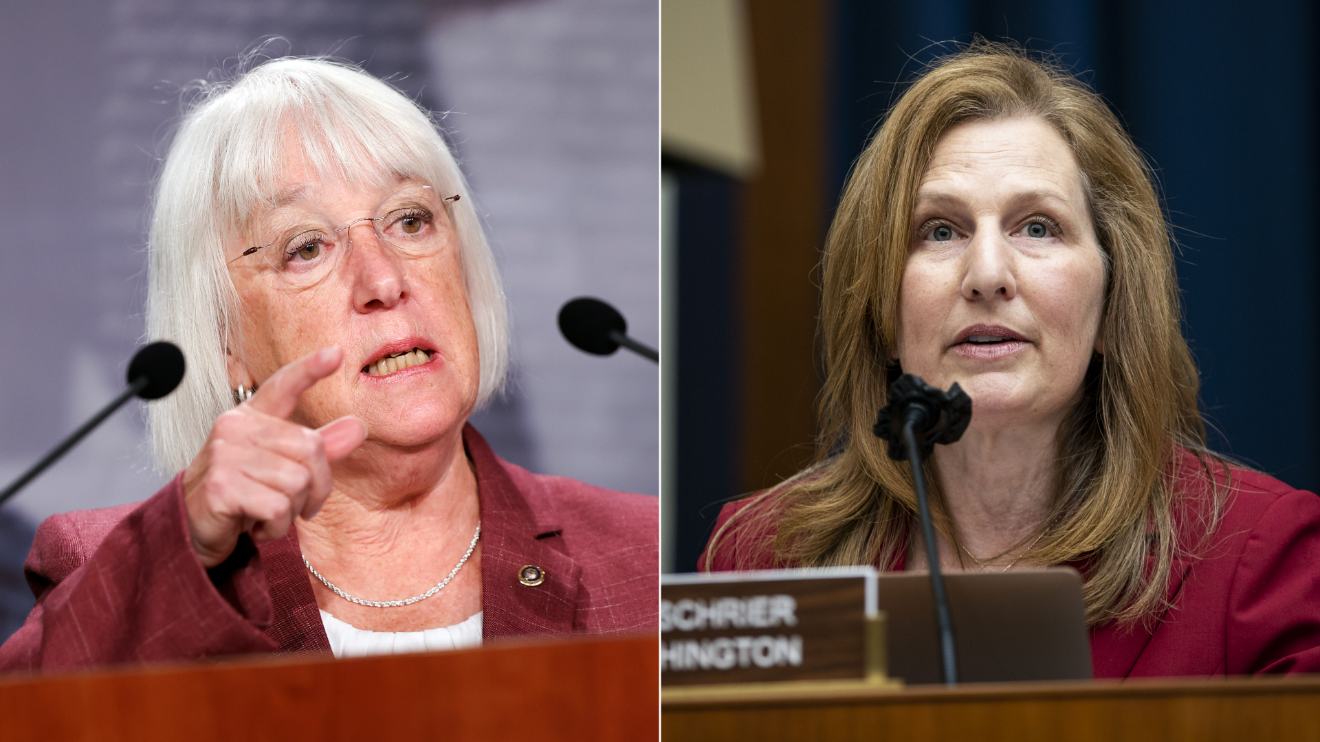 A splitscreen of Patty Murray in a maroon suit jacket behind a podium, pointing while speaking at left, and Kim Schrier seated in a congressional panel speaking into a microphone, also wearing maroon, at right.