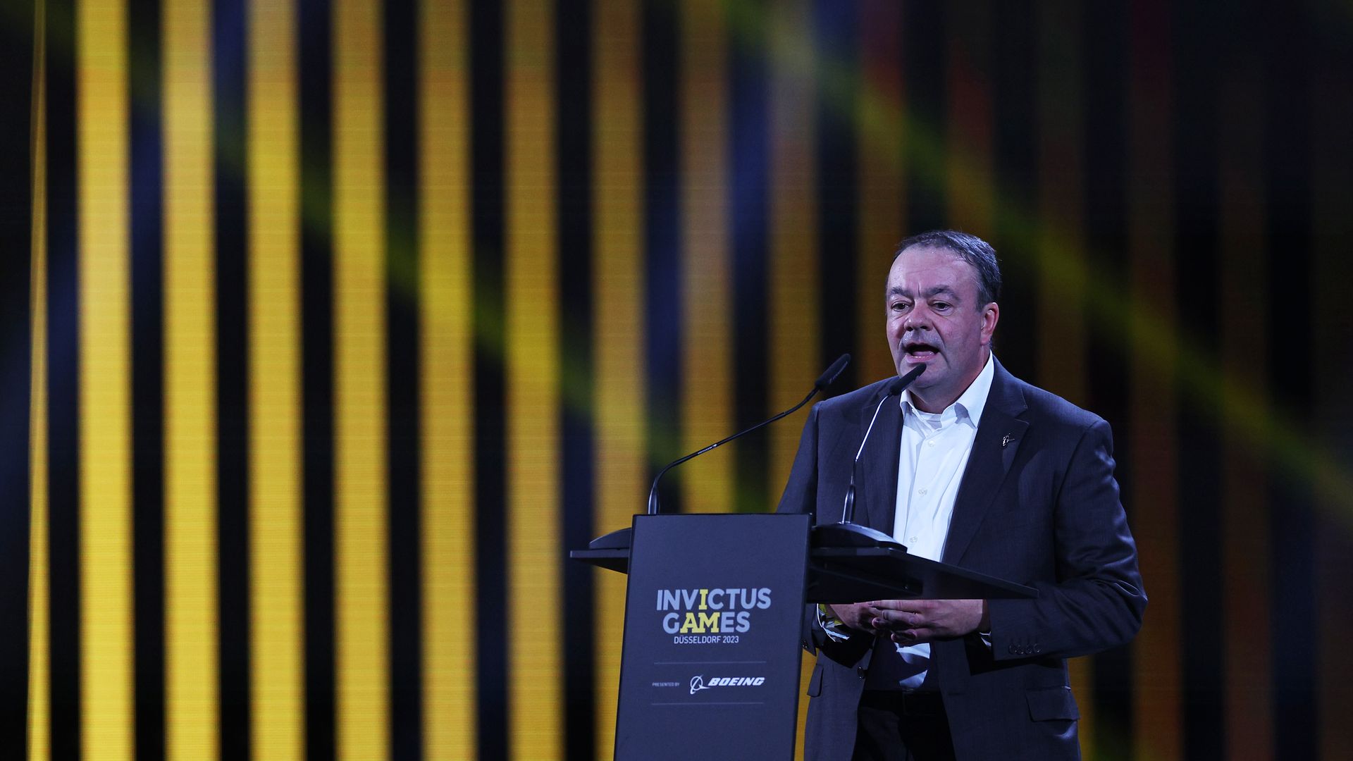 Ziad Ojakli speaking at the opening ceremony of the Invictus Games Düsseldorf 2023 in Duesseldorf, Germany. (Photo by Dean Mouhtaropoulos/Getty Images for Invictus Games Düsseldorf 2023)