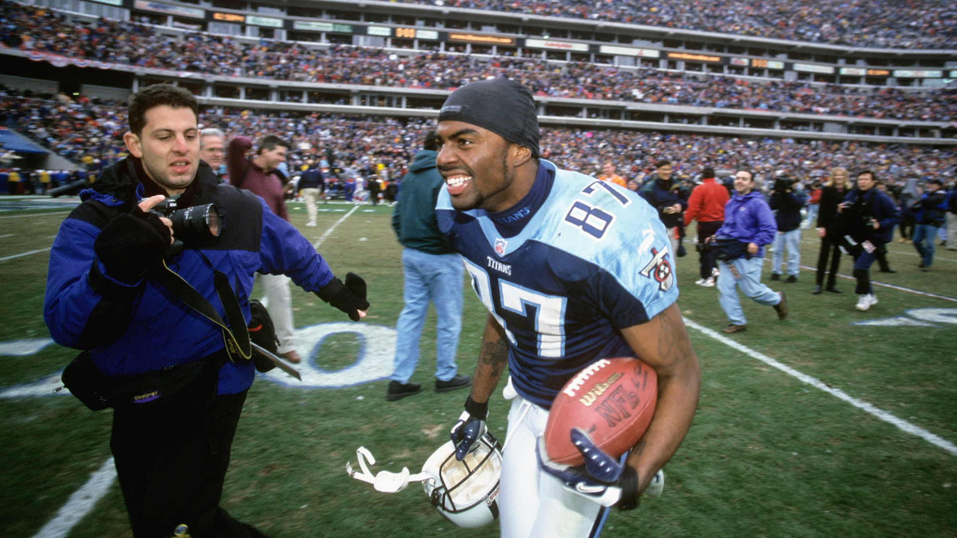 Titans wide receiver Kevin Dyson celebrates after scoring the winning touchdown in the "Music City Miracle"