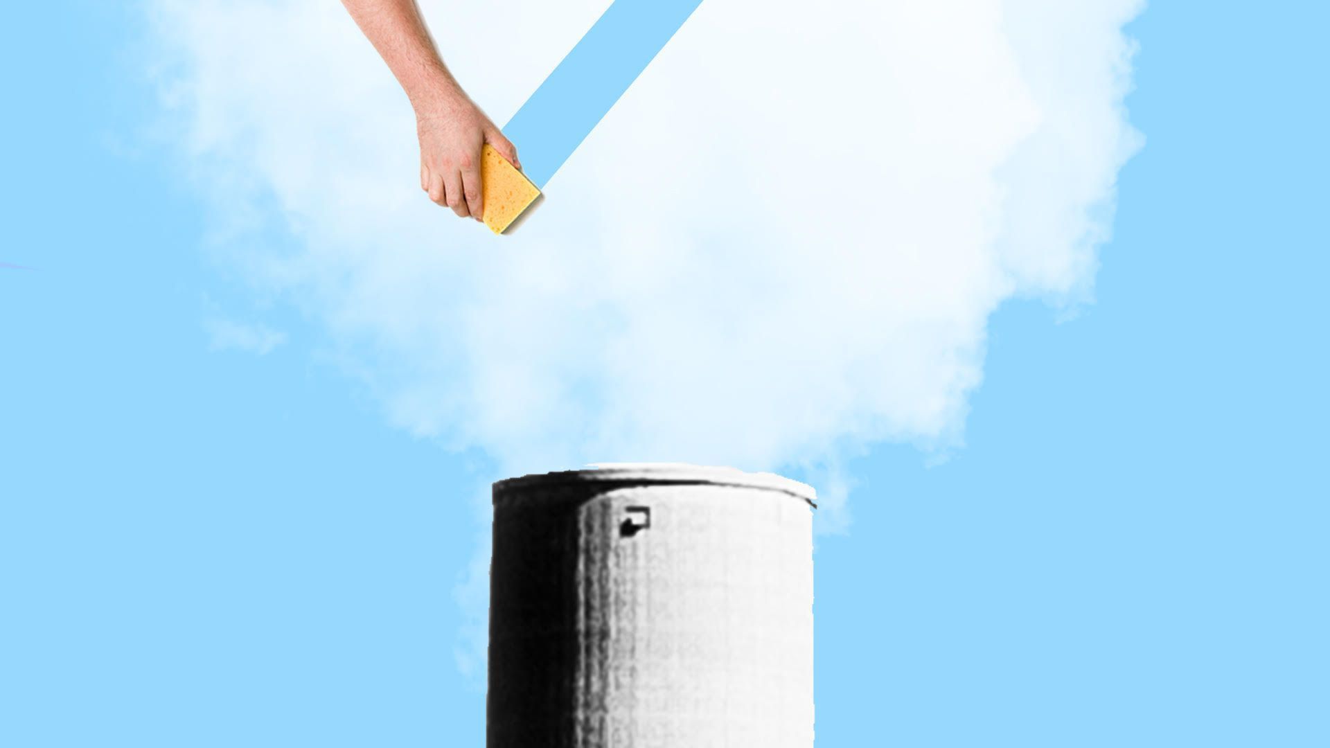 An illustration of a hand cleaning the smoke coming from a coal plant. 