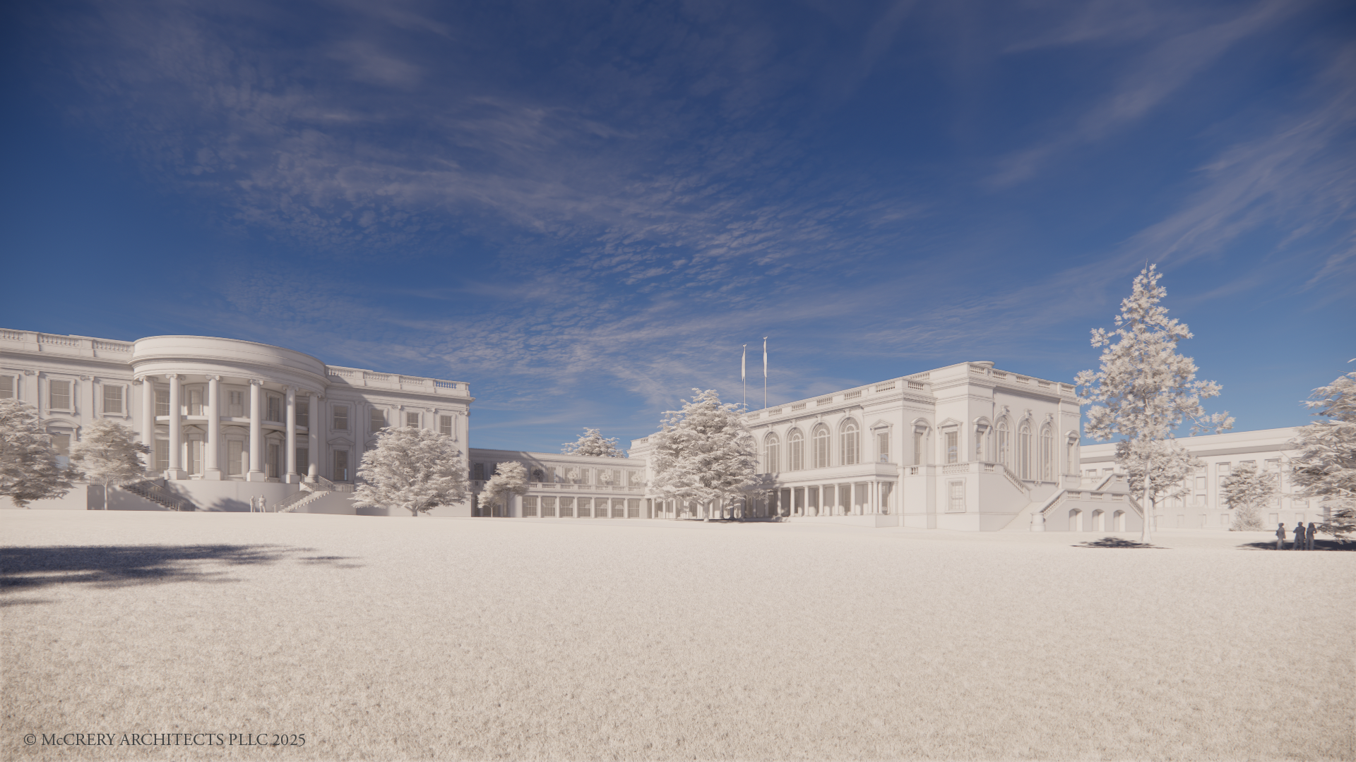Wide view of a large white neoclassical building with columns, surrounded by trees and people, under a blue sky with wispy clouds.